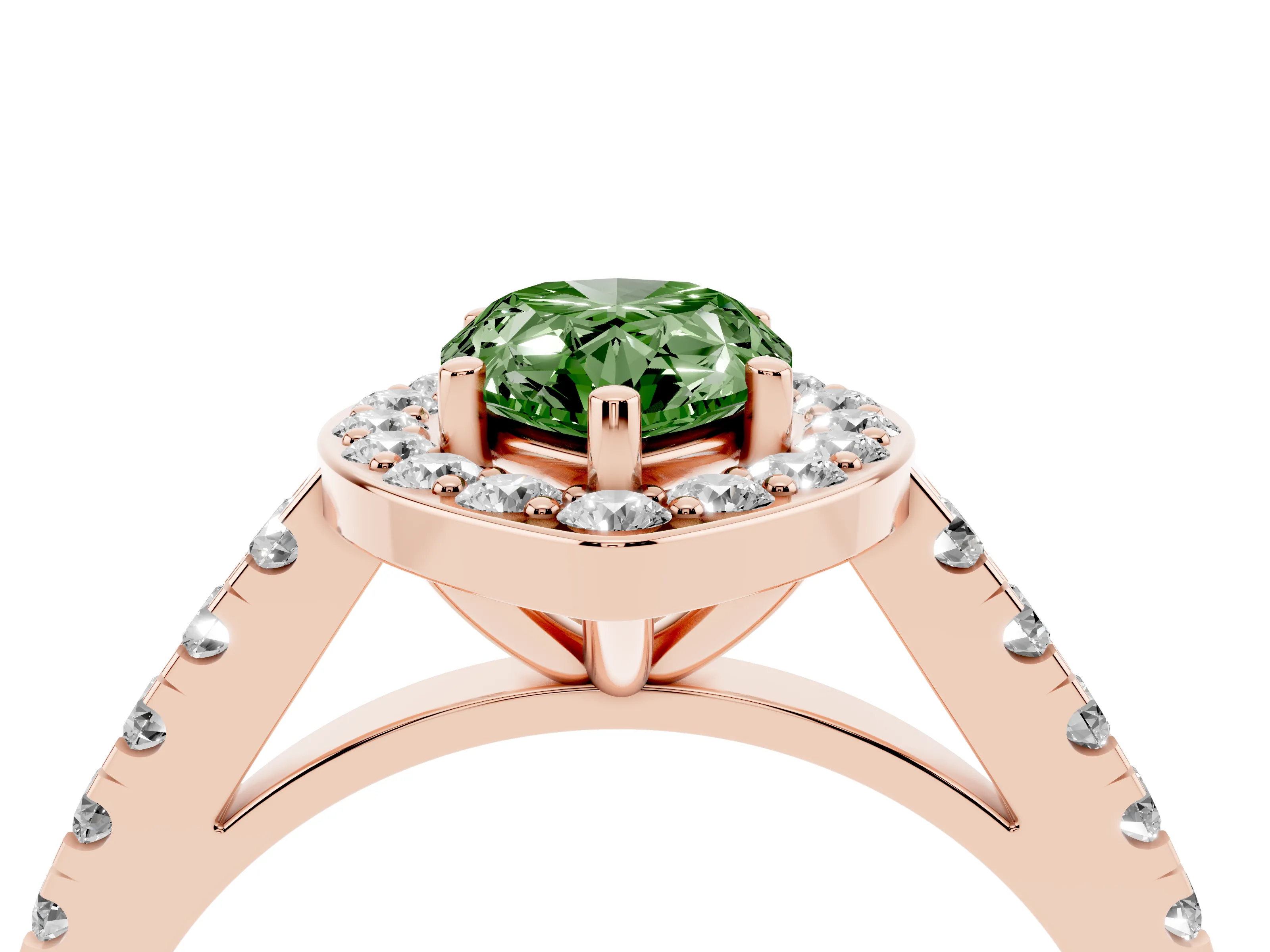 Fancy Green Pear Cut Diamond Halo Ring Set in Rose gold with Round Pavé Split Shank and Prong Setting