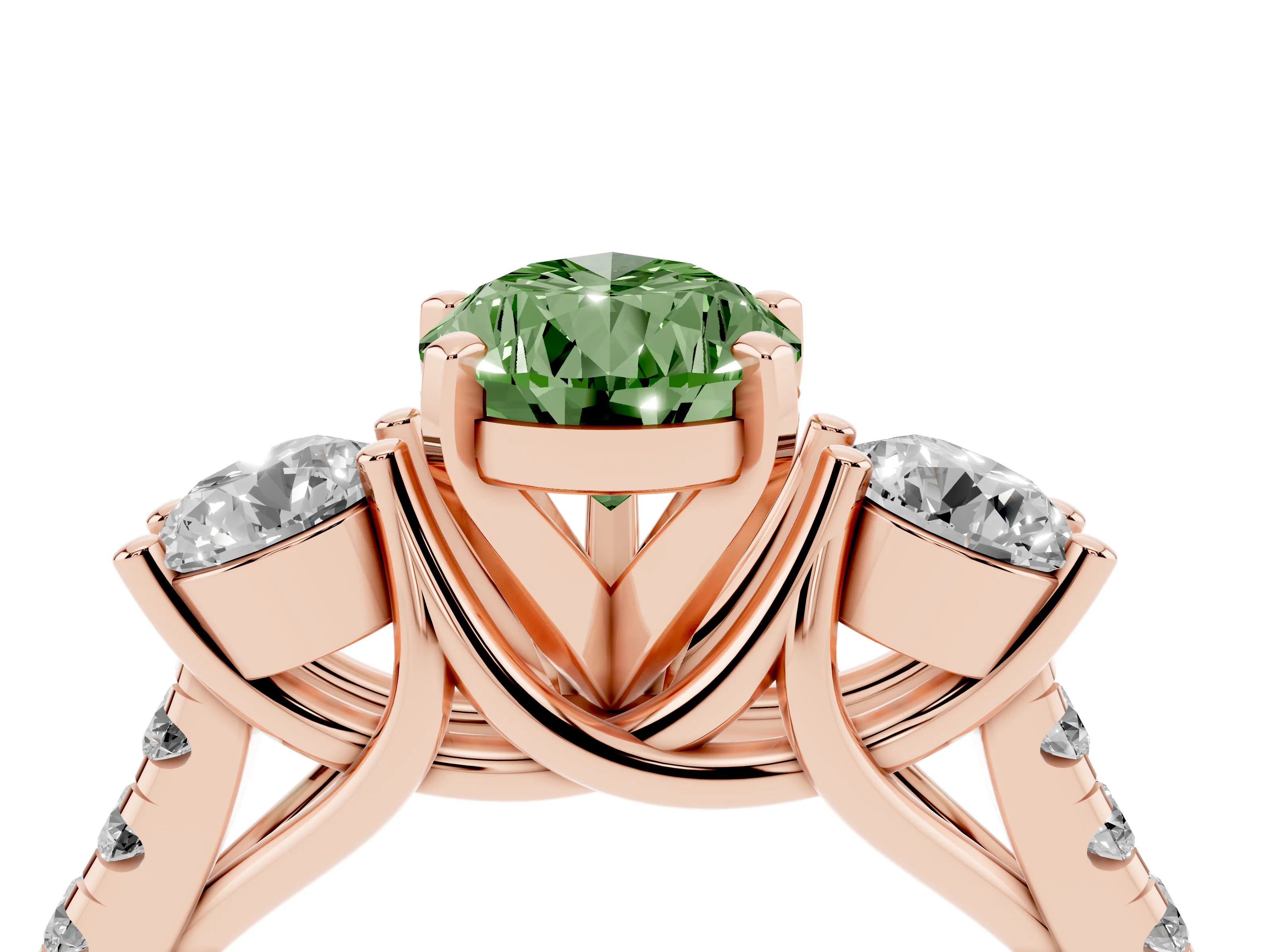 Fancy Green Three-Stone Pear Cut Diamond Pavé Band Ring Set in Rose gold with Prong-Set Trio