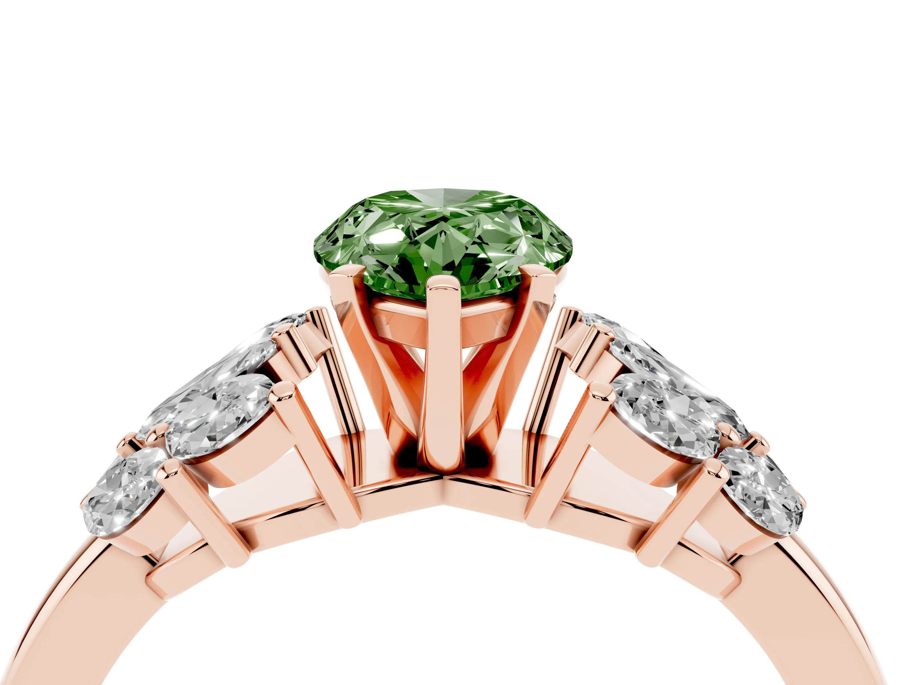 Fancy Green Pear Cut Diamond Cluster Leaf Design Ring Set in Rose gold with Prong Setting