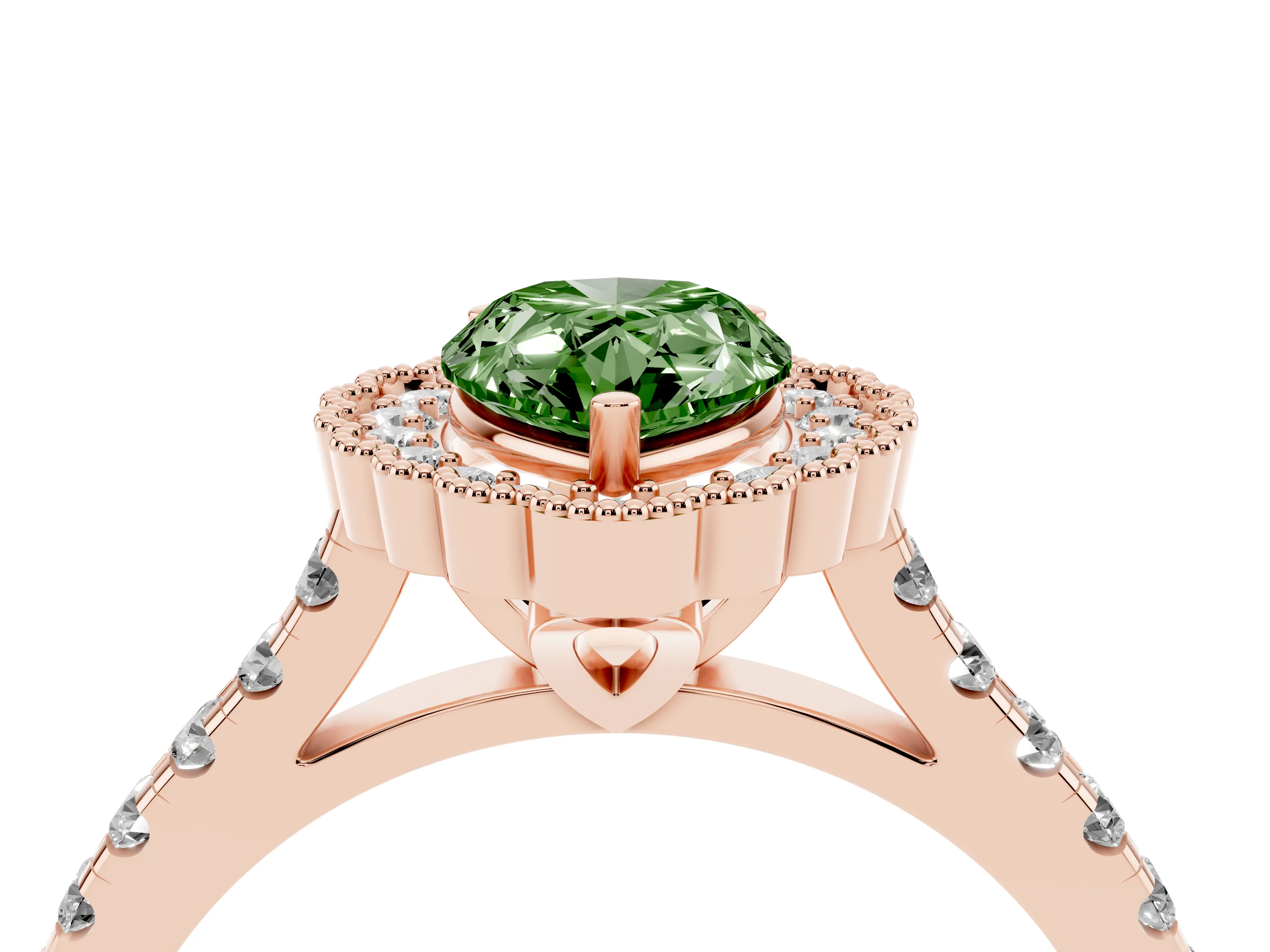 Fancy Green Pear Cut Diamond Milgrain Floral Halo Engagement Ring Set in Rose gold with Pavé Band