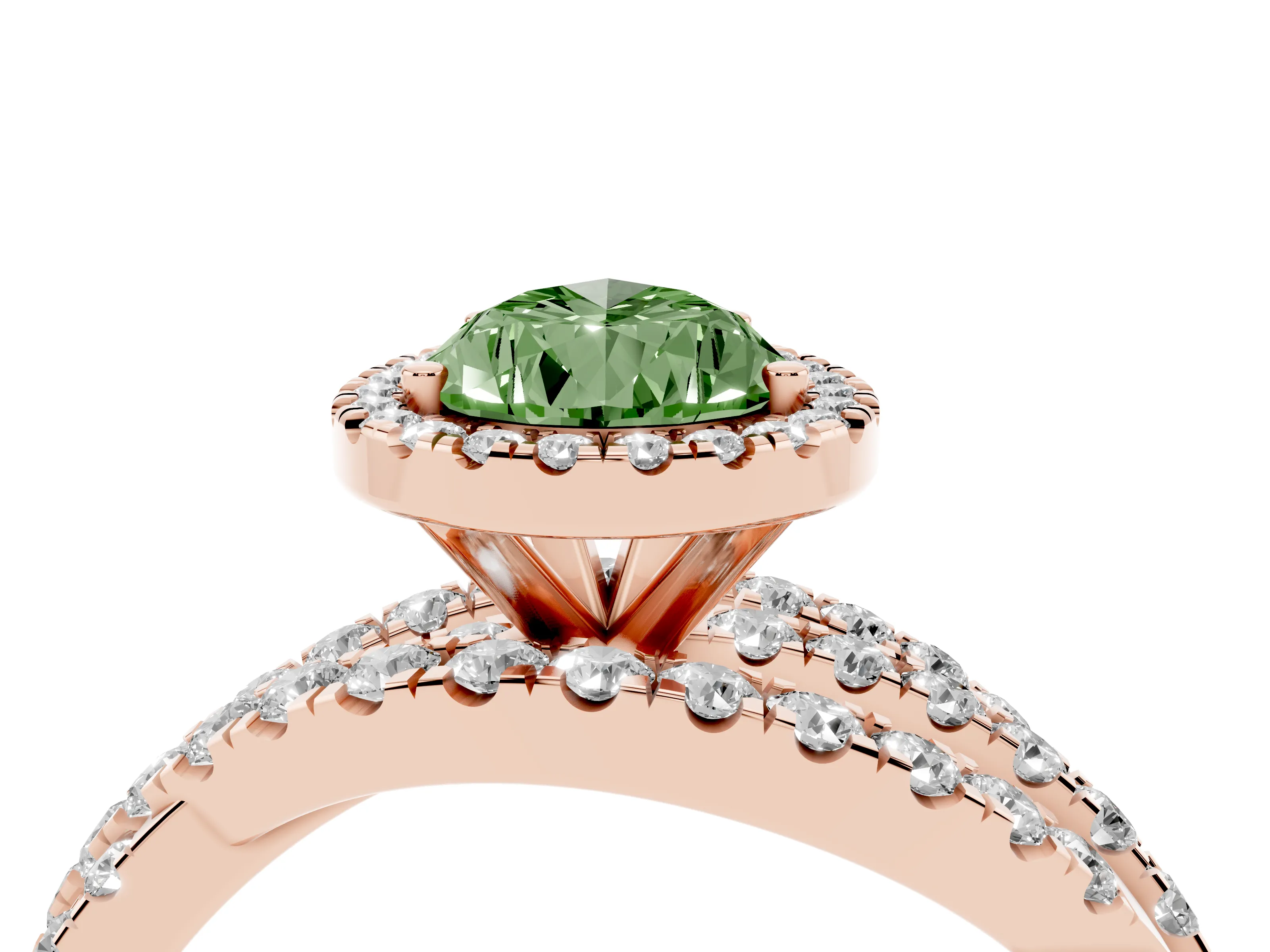 Fancy Green Pear Cut Diamond Halo Ring Set in Rose gold with Round Crossover Split Shank and Prong Setting
