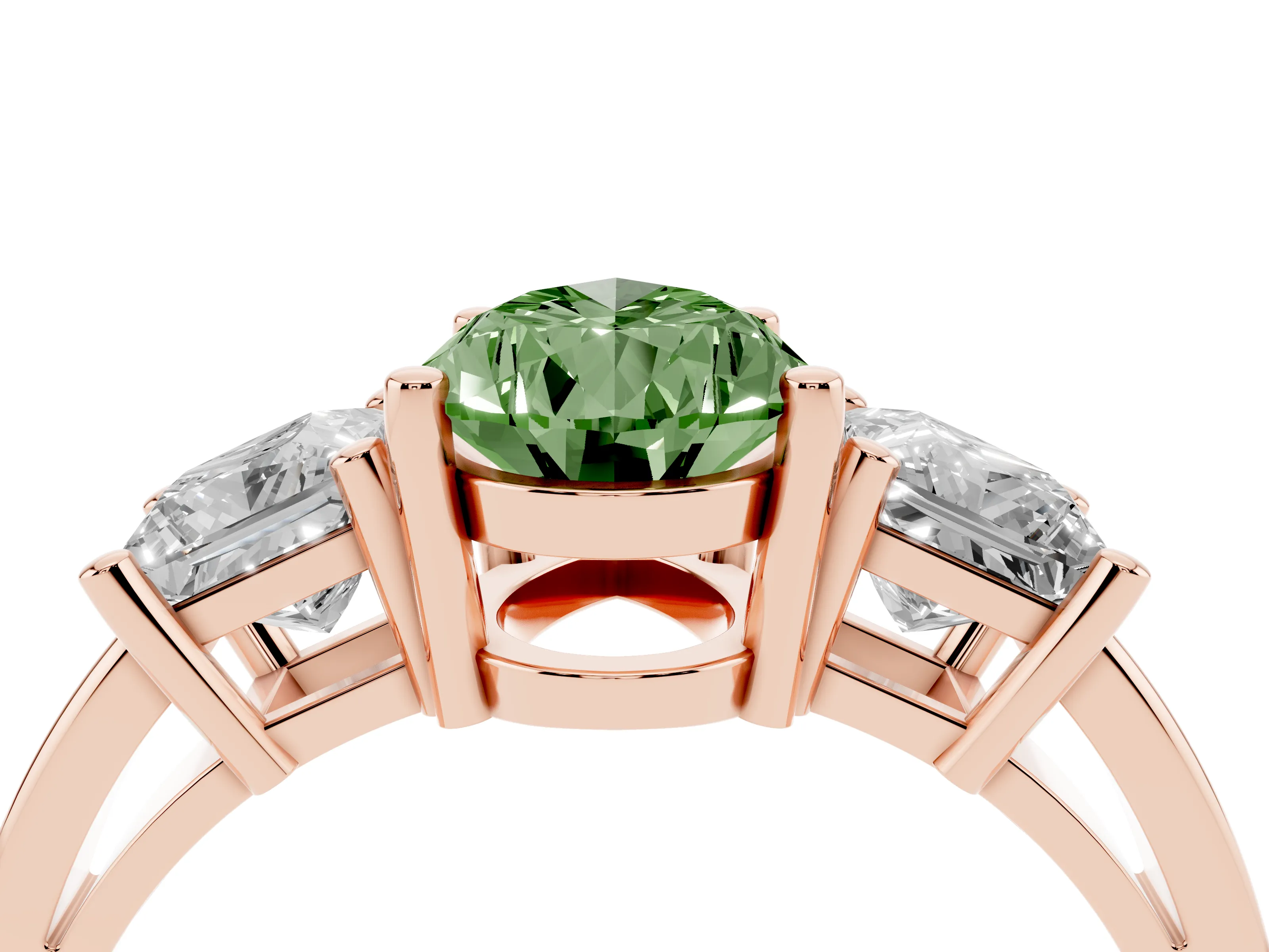Fancy Green Three-Stone Pear Cut Diamond Solitaire Ring Set in Rose gold with Prong Setting