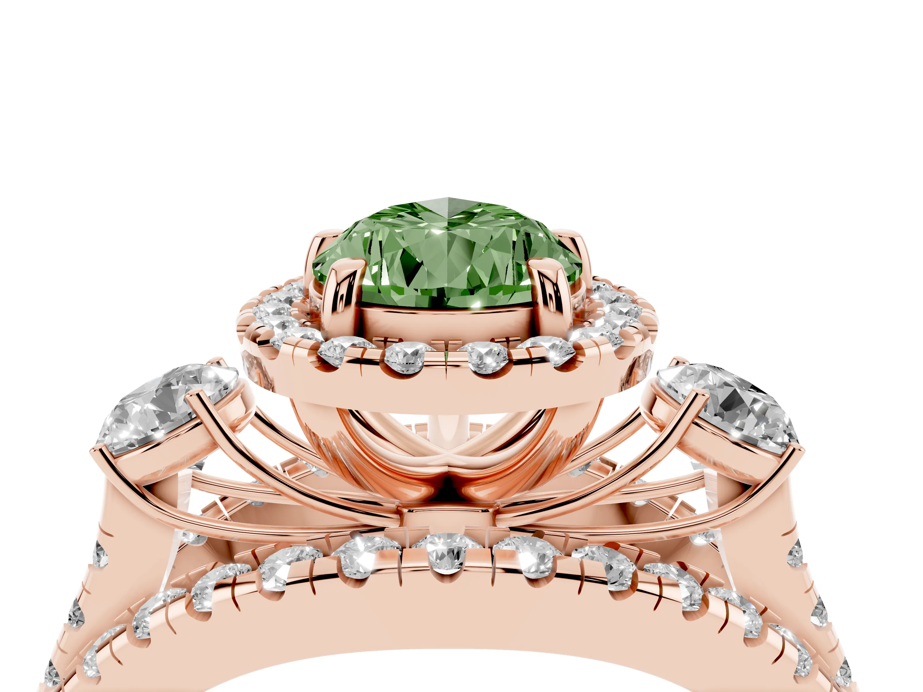 Fancy Green Pear Cut Diamond Halo Split Shank Ring Set in Rose gold with Round Accent Stones and Prong Setting