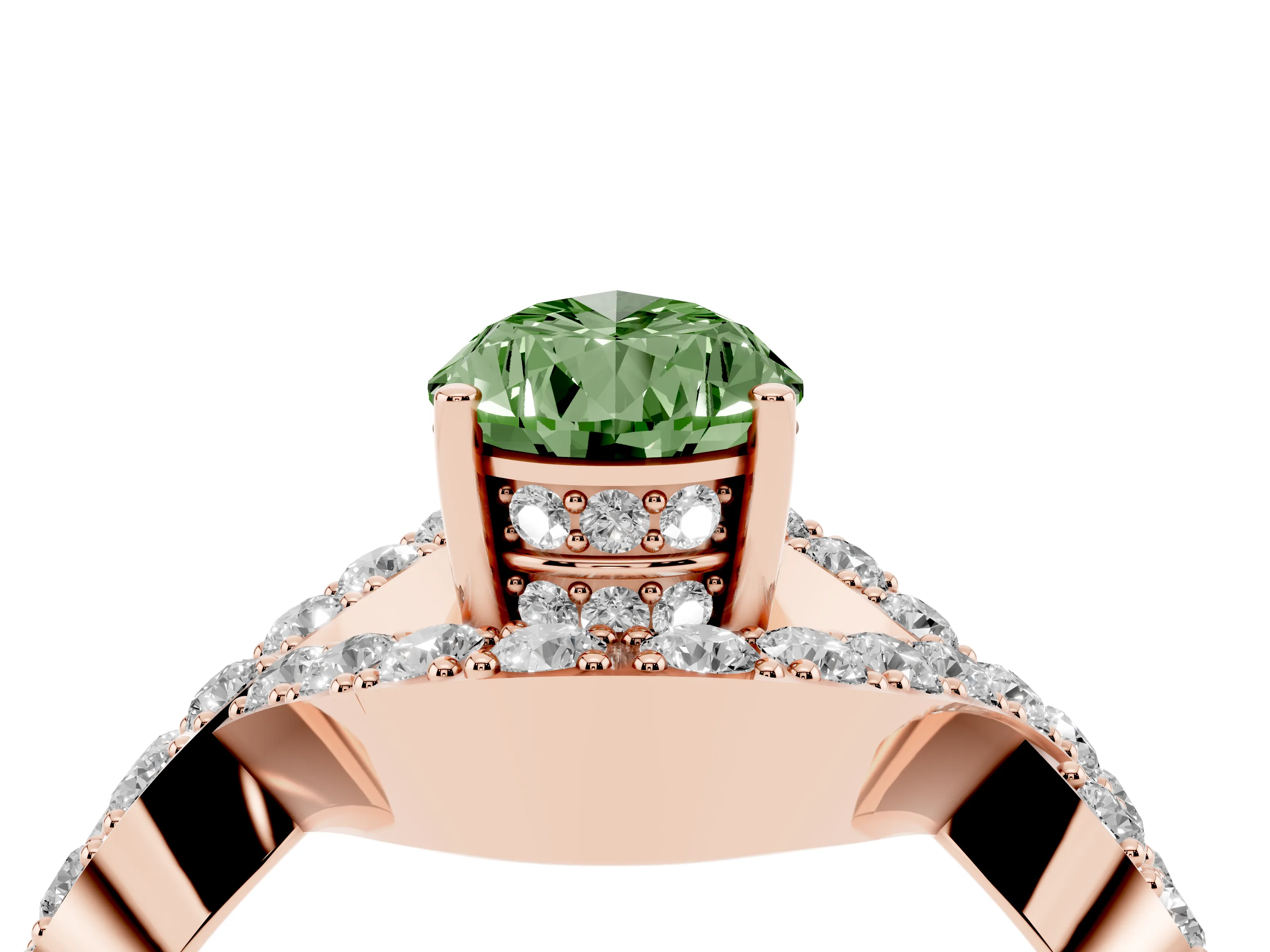 Fancy Green Pear Cut Diamond Solitaire Twist Band Pavé Engagement Ring Set in Rose gold