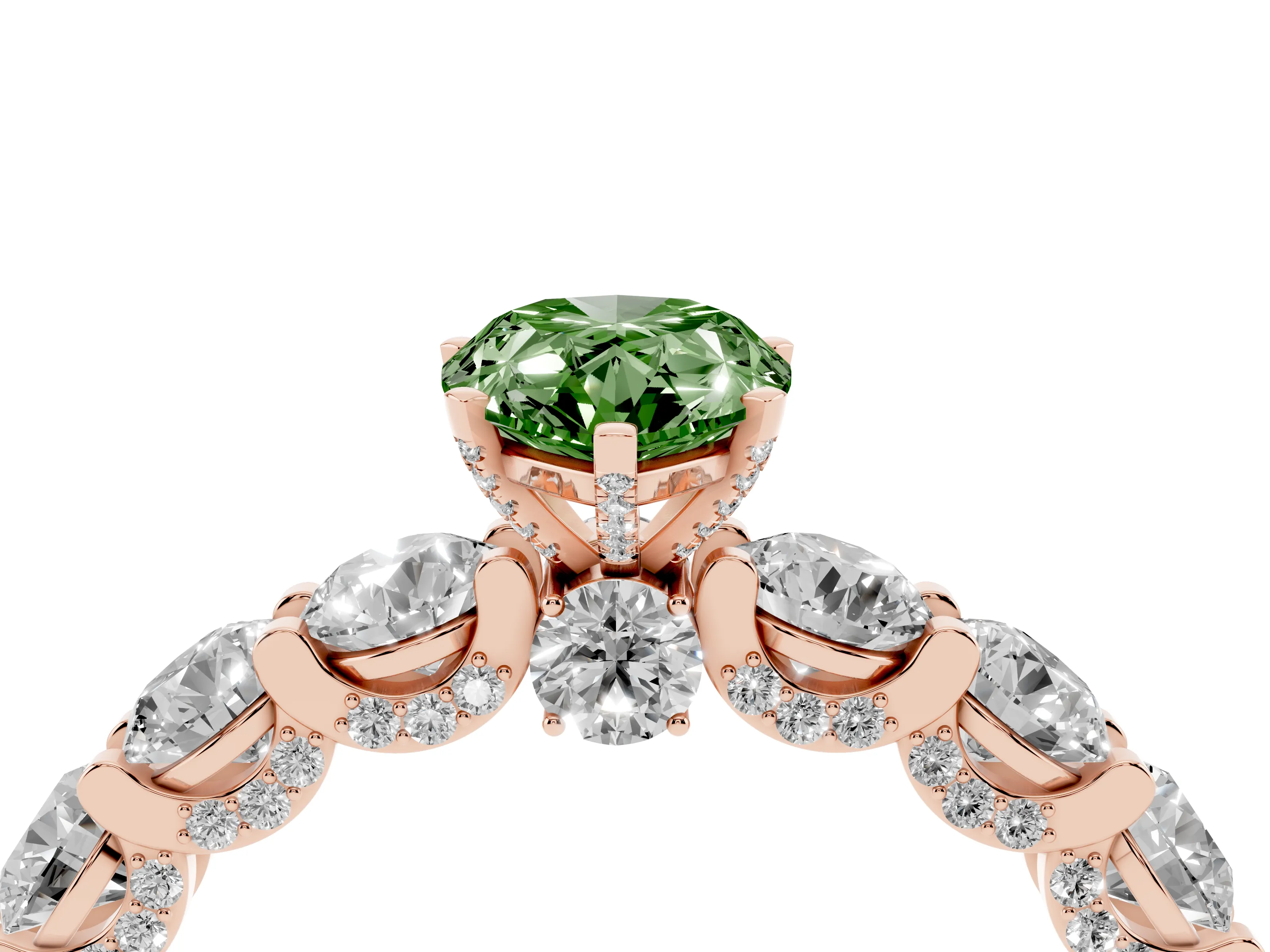Fancy Green Pear Cut Diamond Side Stone Ring Set in Rose gold with Alternating Round and Oval Side Stones