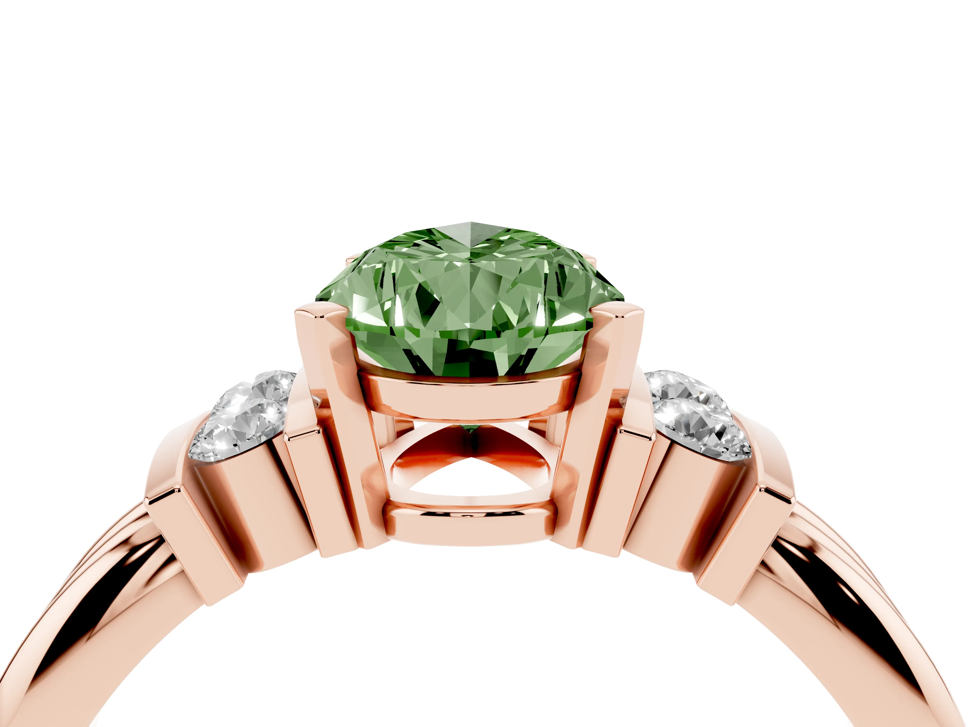 Fancy Green Three-Stone Pear Cut Diamond Channel Set Ring Set in Rose gold with Bar Prongs