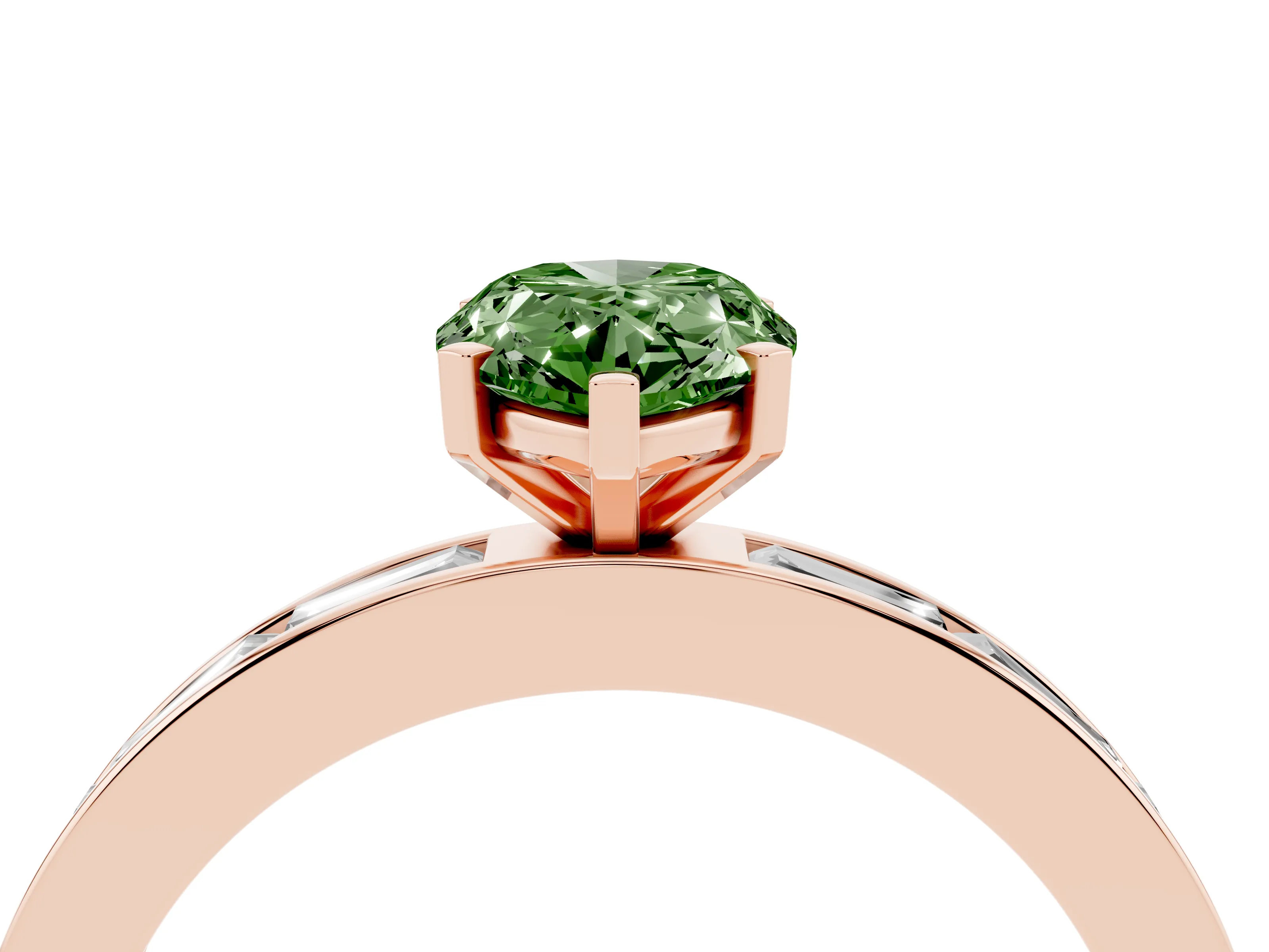 Fancy Green Pear Cut Diamond Solitaire Ring Set in Rose gold with Channel-Set Baguette Band and Prong Setting