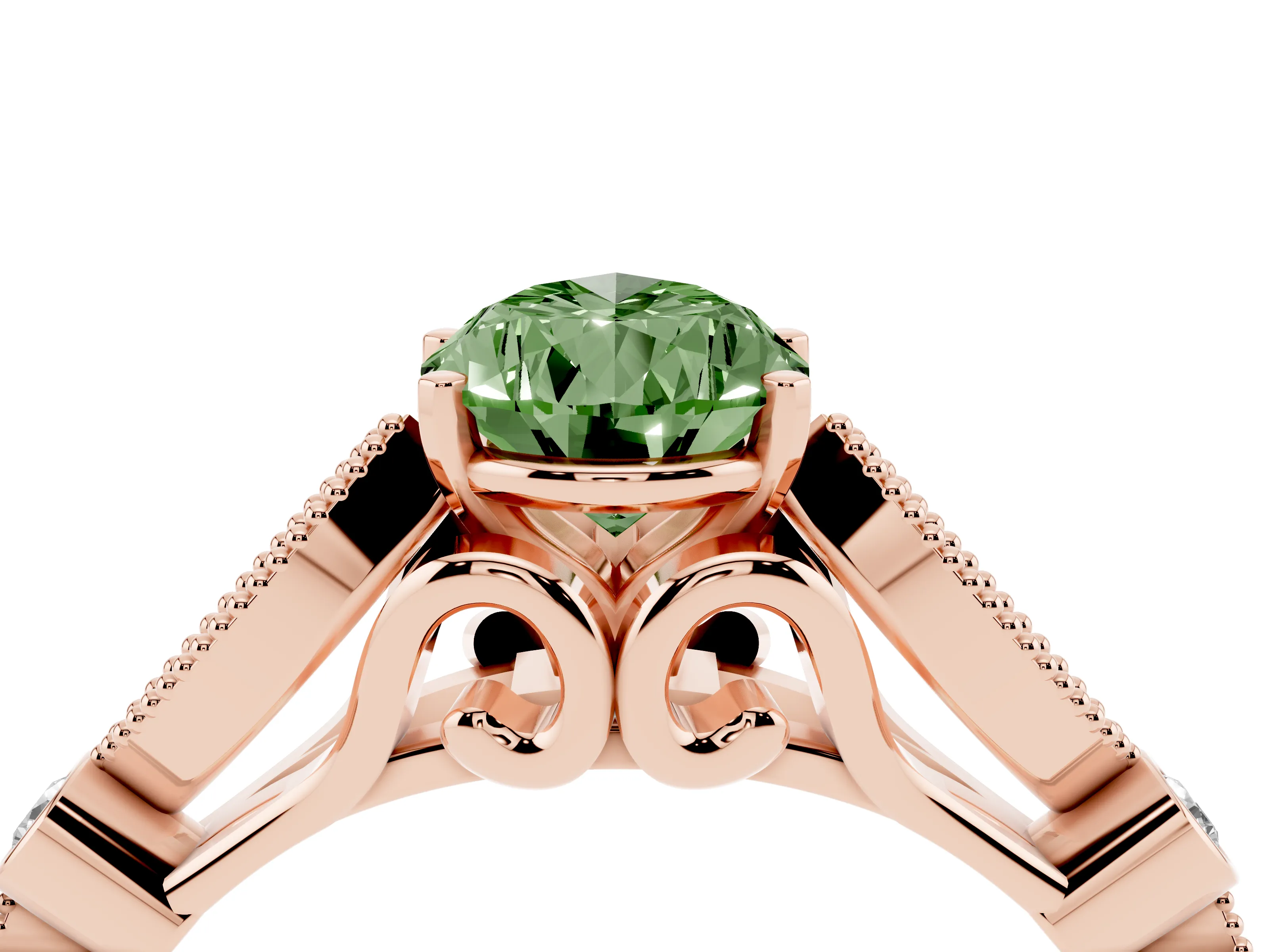 Fancy Green Pear Cut Diamond Solitaire Ring Set in Rose gold with Milgrain Marquise and Bezel Accents