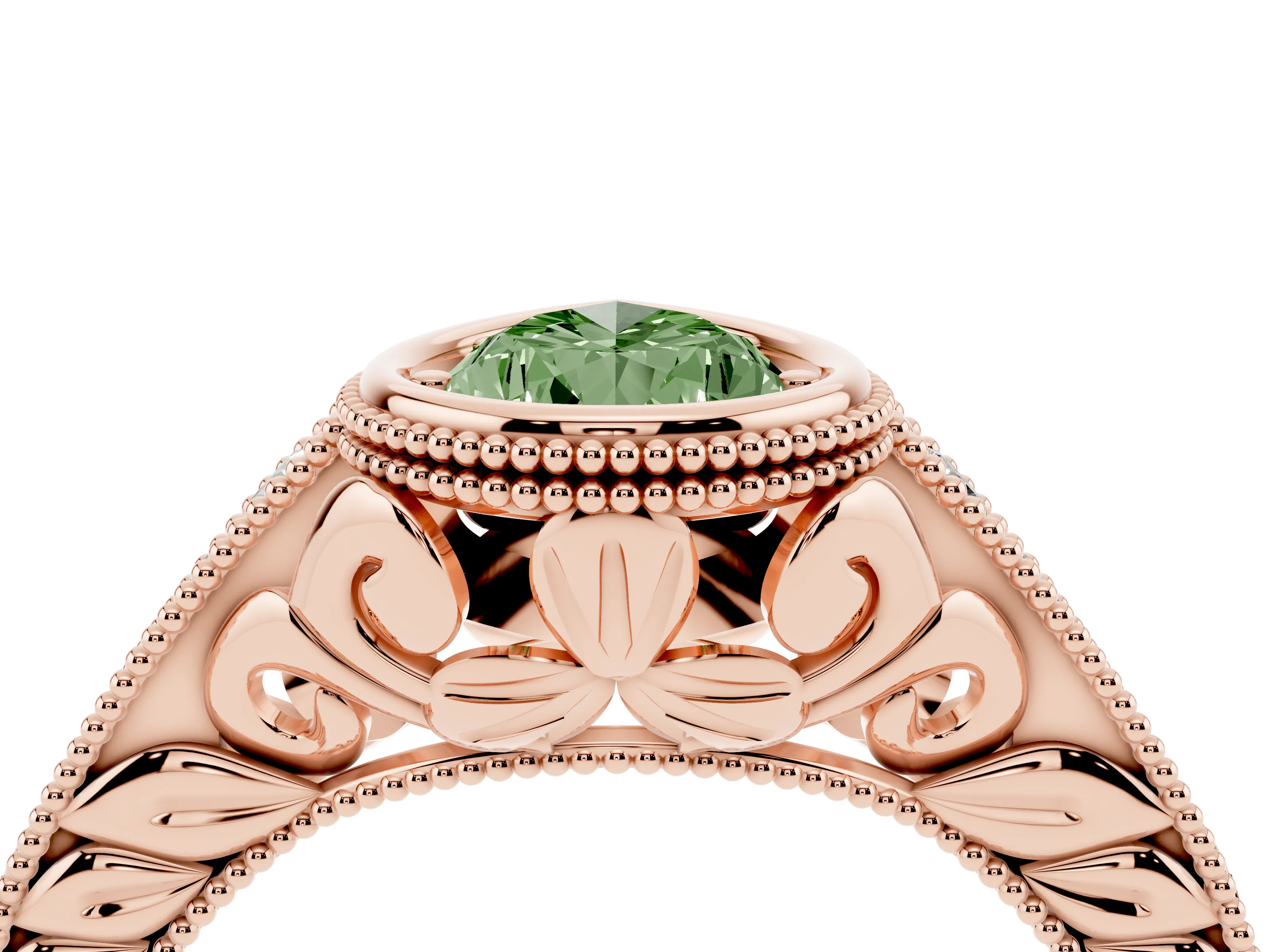 Fancy Green Bezel Set Pear Cut Diamond Milgrain Pavé Engagement Ring Set in Rose gold