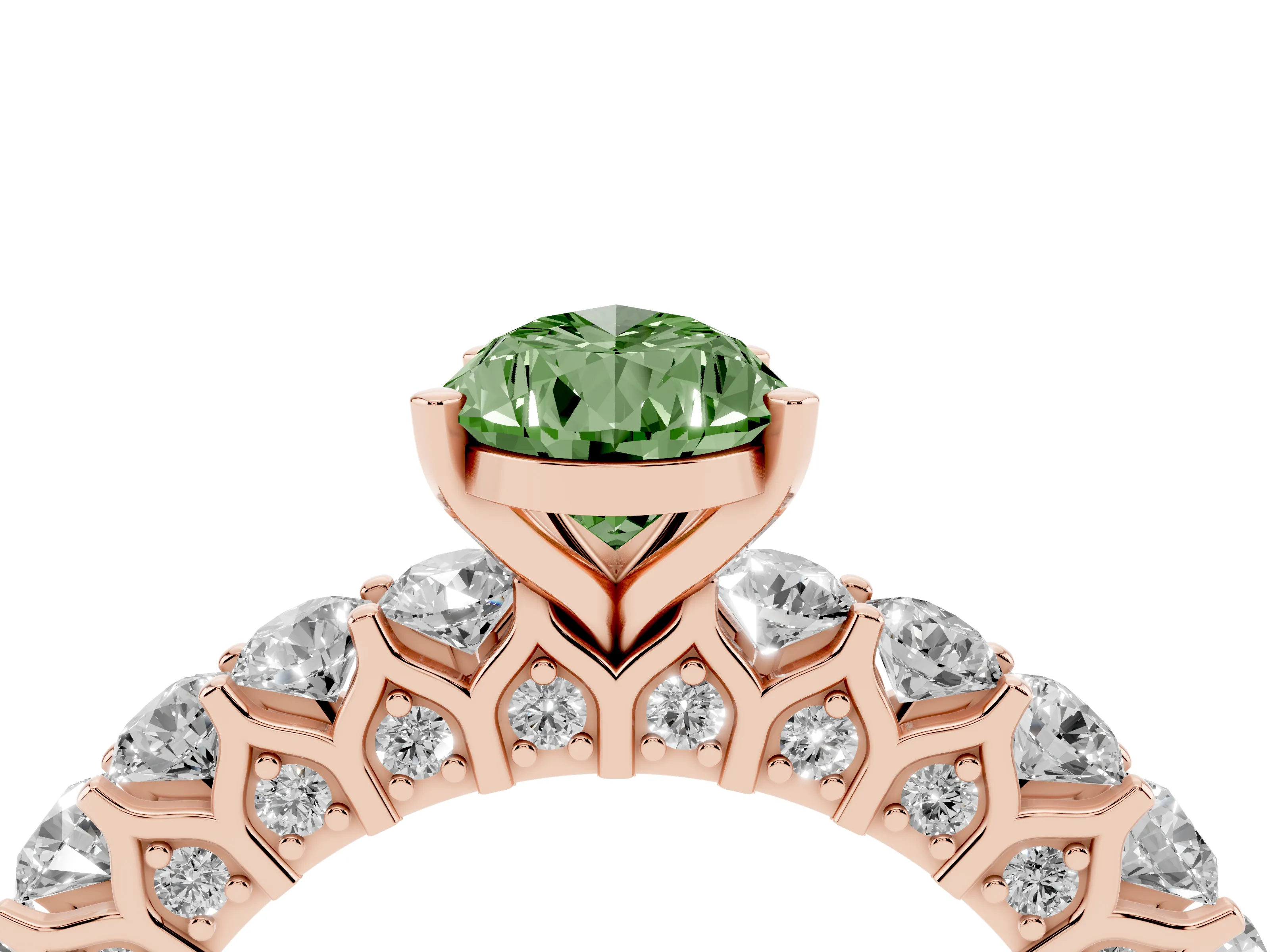 Fancy Green Pear Cut Diamond Solitaire Ring Set in Rose gold with Shared Prong Pavé Band