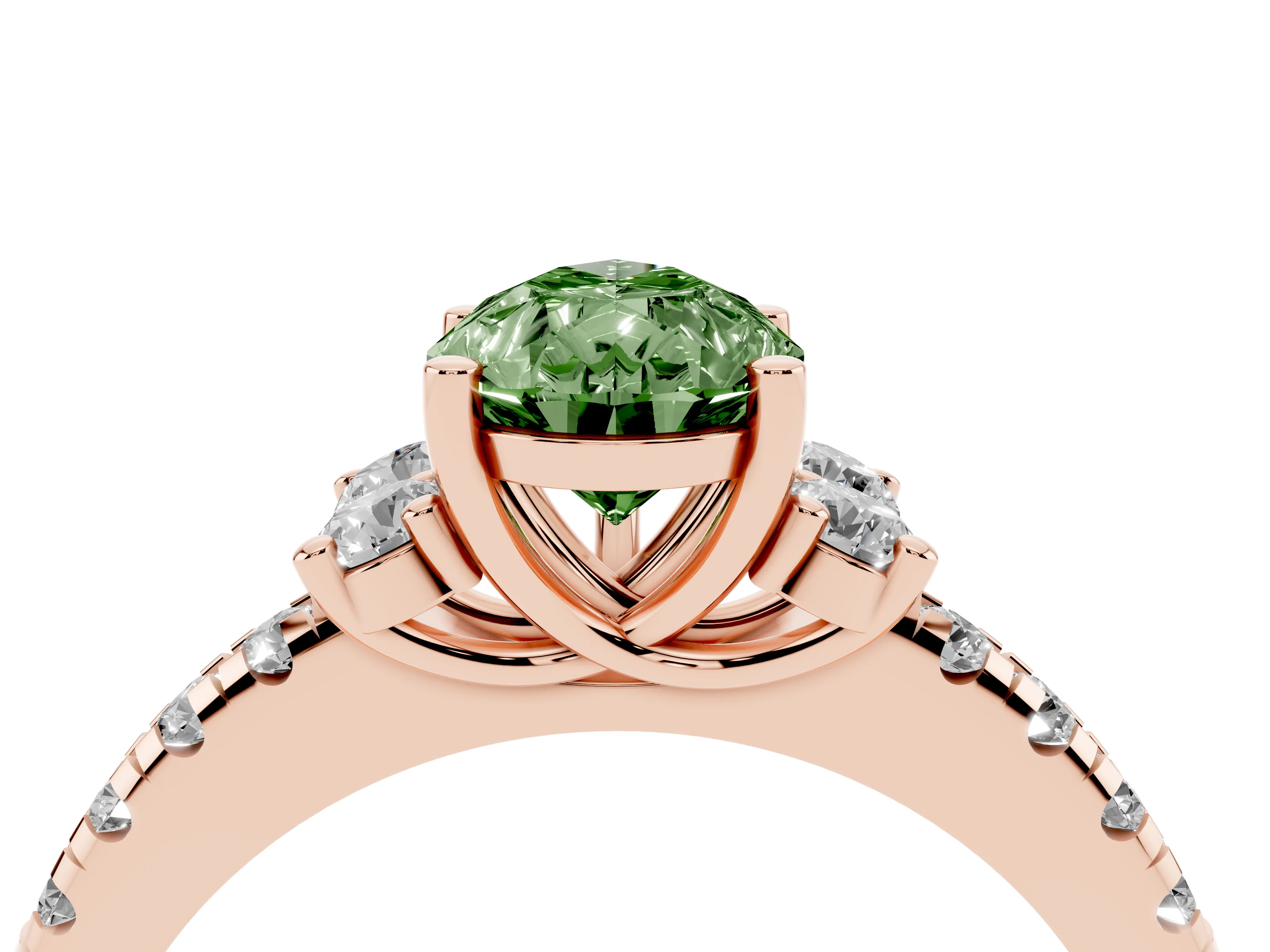Fancy Green Pear Cut Diamond Three-Stone Pavé Ring Set in Rose gold with Prong Setting