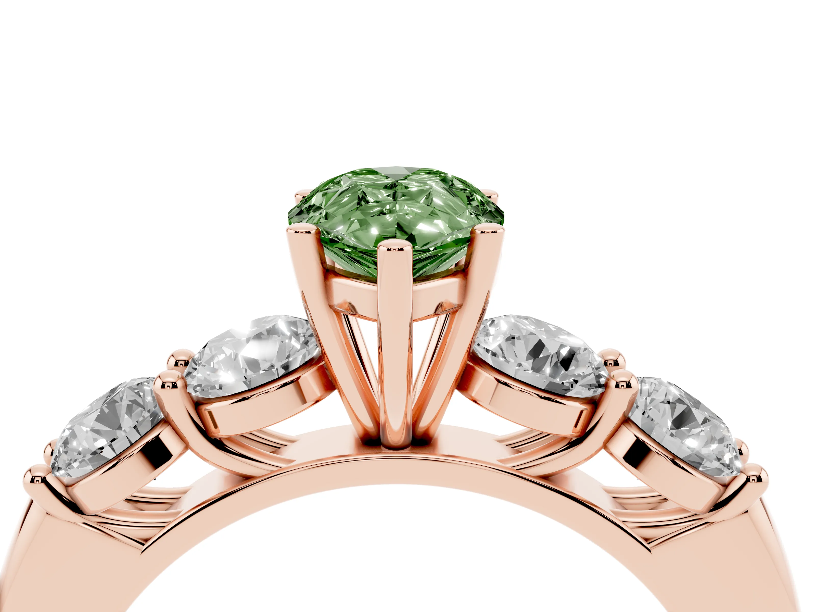 Fancy Green Pear Cut Diamond Five-Stone Prong Set Ring Set in Rose gold with Classic Band