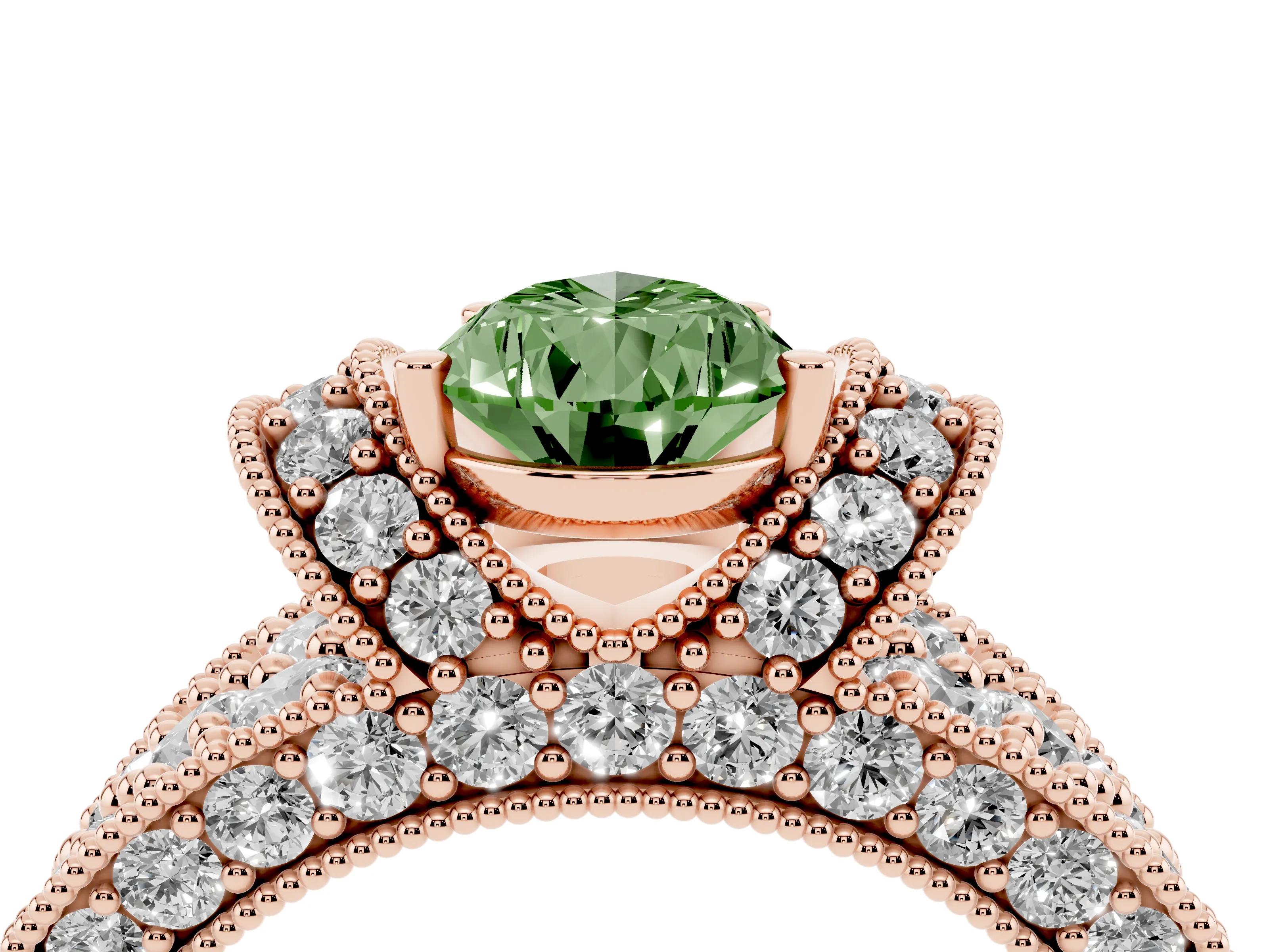 Fancy Green Pear Cut Diamond Milgrain Halo Pavé Engagement Ring Set in Rose gold with Prong Setting