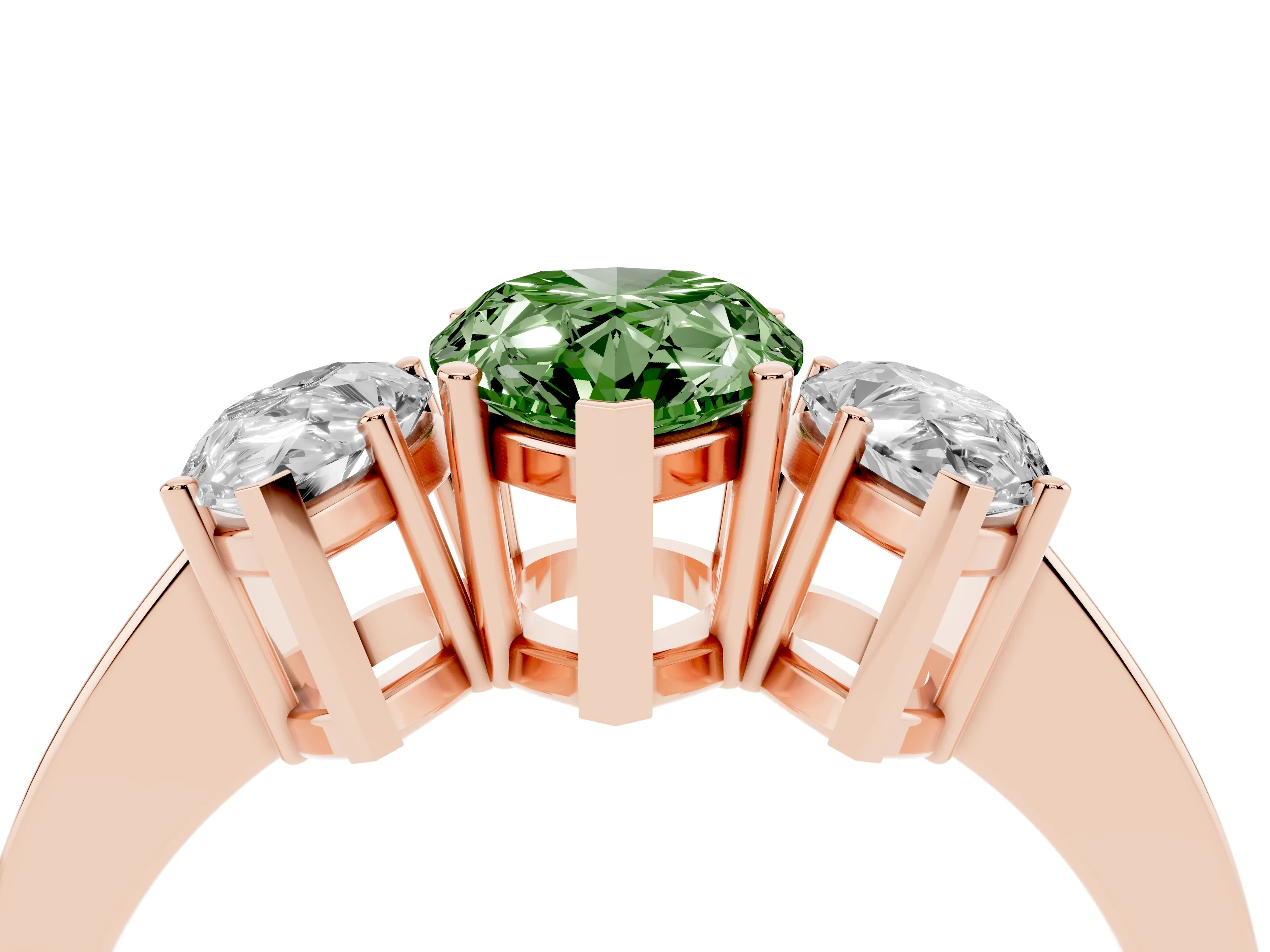 Fancy Green Pear Cut Diamond Three-Stone Engagement Ring Set in Rose gold with Flat Band