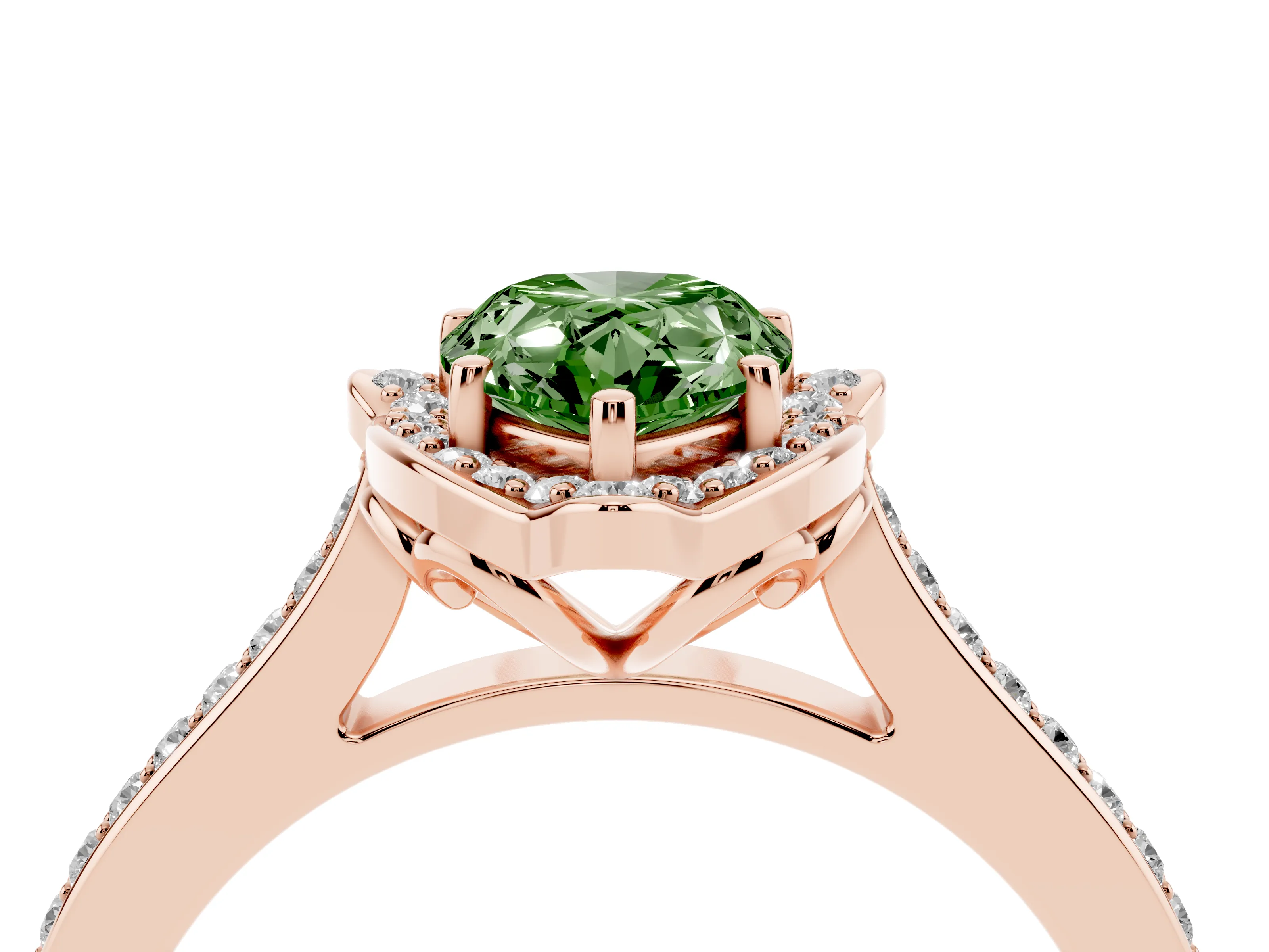 Fancy Green Pear Cut Diamond Halo Ring Set in Rose gold with Pavé-Lined Shoulders and Prong Setting