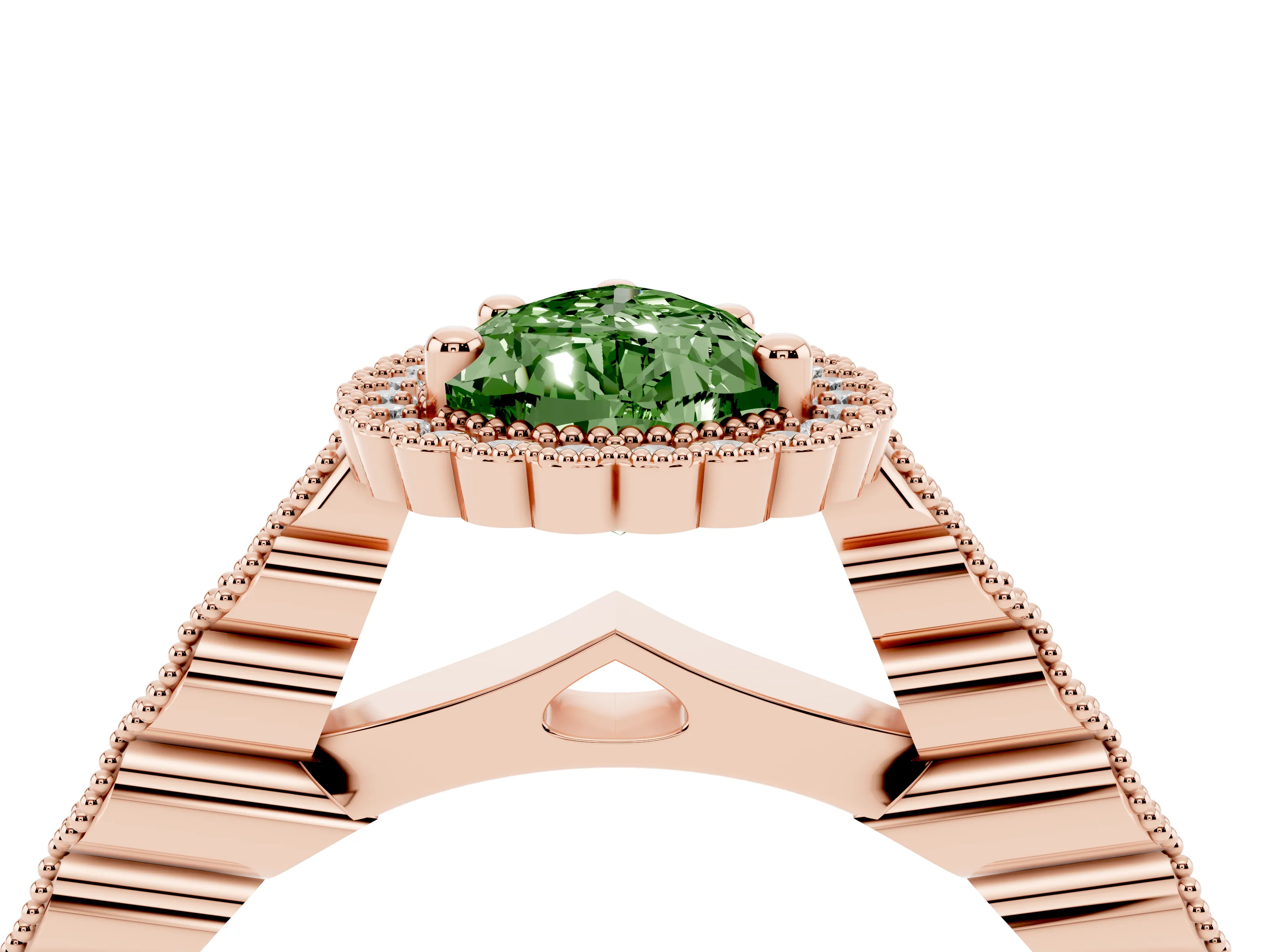 Fancy Green Pear Cut Diamond Halo Ring Set in Rose gold with Pavé Milgrain Band