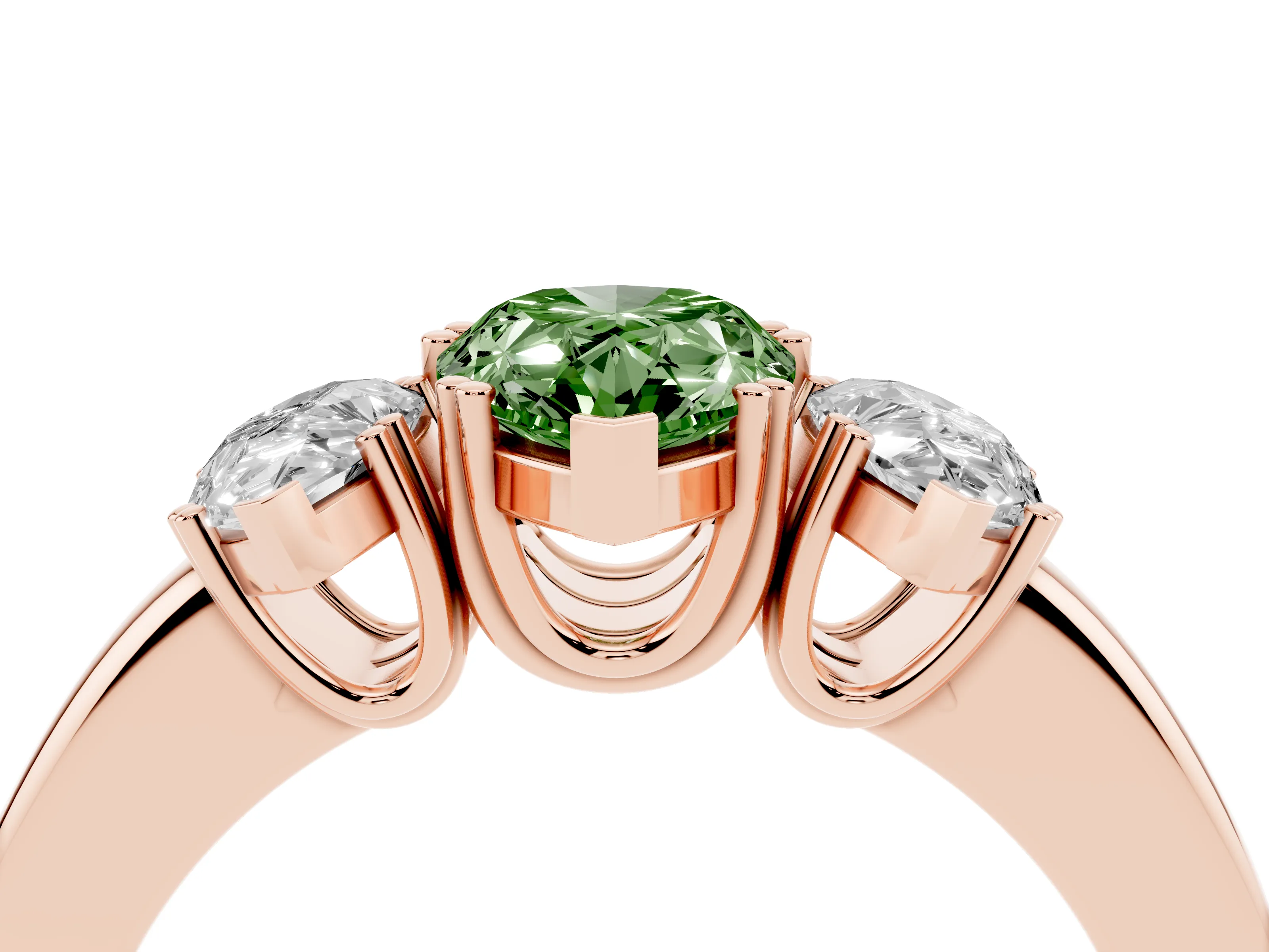 Fancy Green Pear Cut Diamond Three-Stone Ring Set in Rose gold with Polished Channel-Set Band