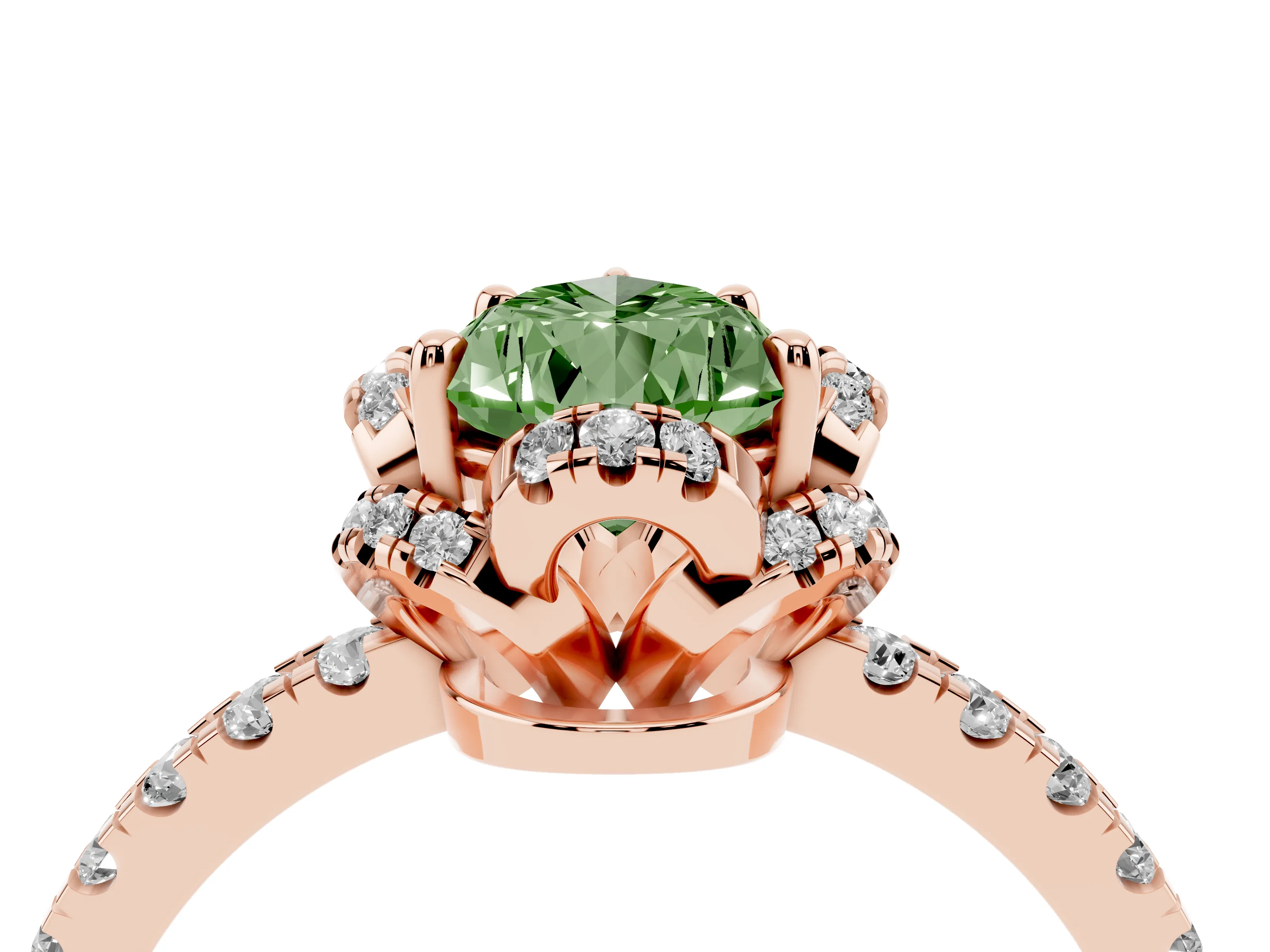 Fancy Green Pear Cut Diamond Halo Pavé Band Ring Set in Rose gold with Prong-Held Center