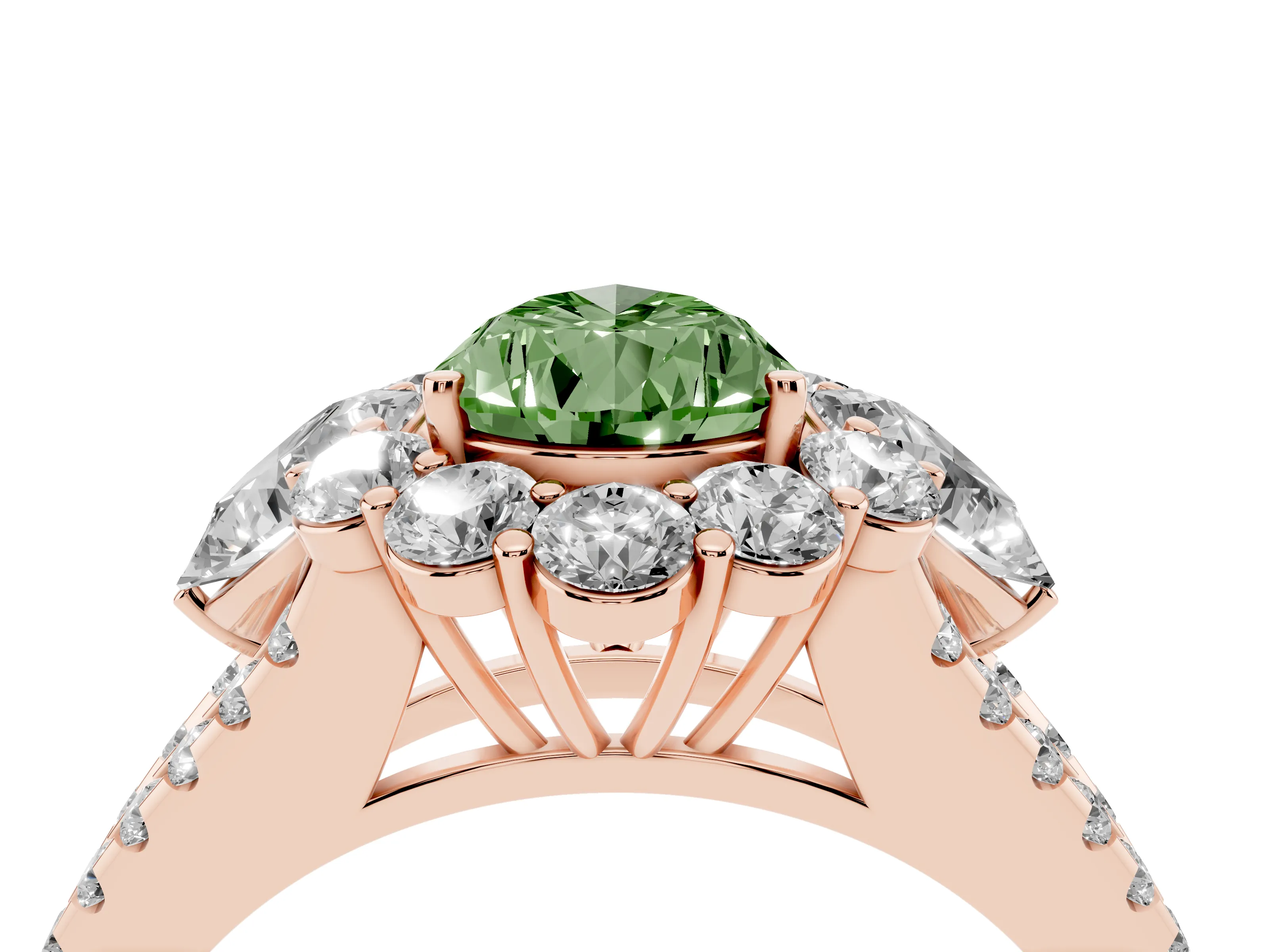 Fancy Green Pear Cut Diamond Halo Split Shank Engagement Ring Set in Rose gold with Prong-Held Center Stone