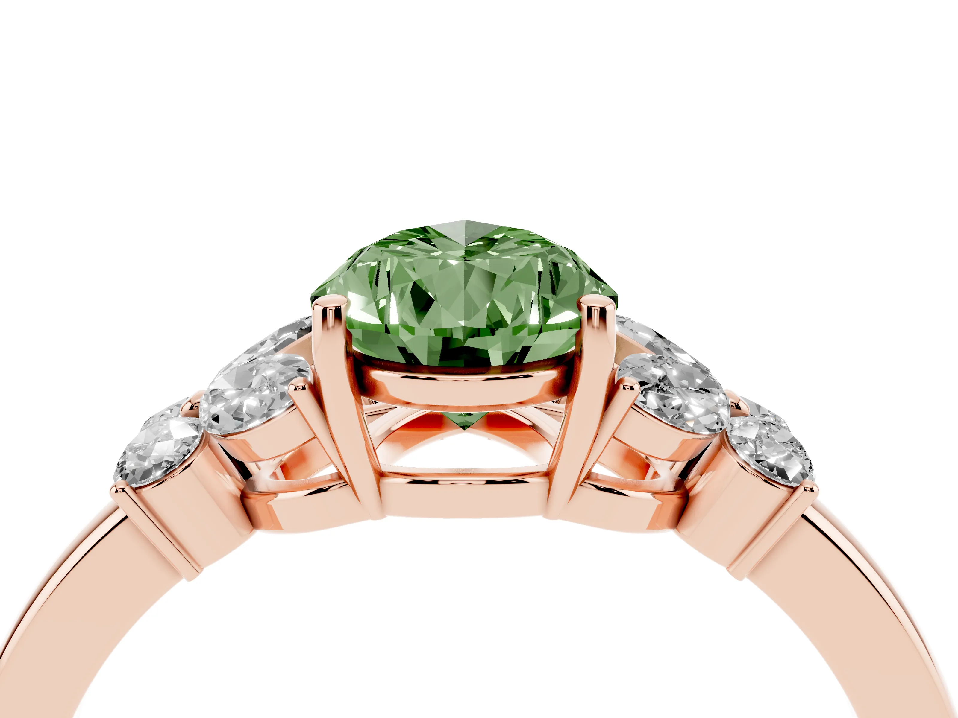 Fancy Green Pear Cut Diamond Solitaire Floral Ring Set in Rose gold with Marquise Petals and Prong Setting