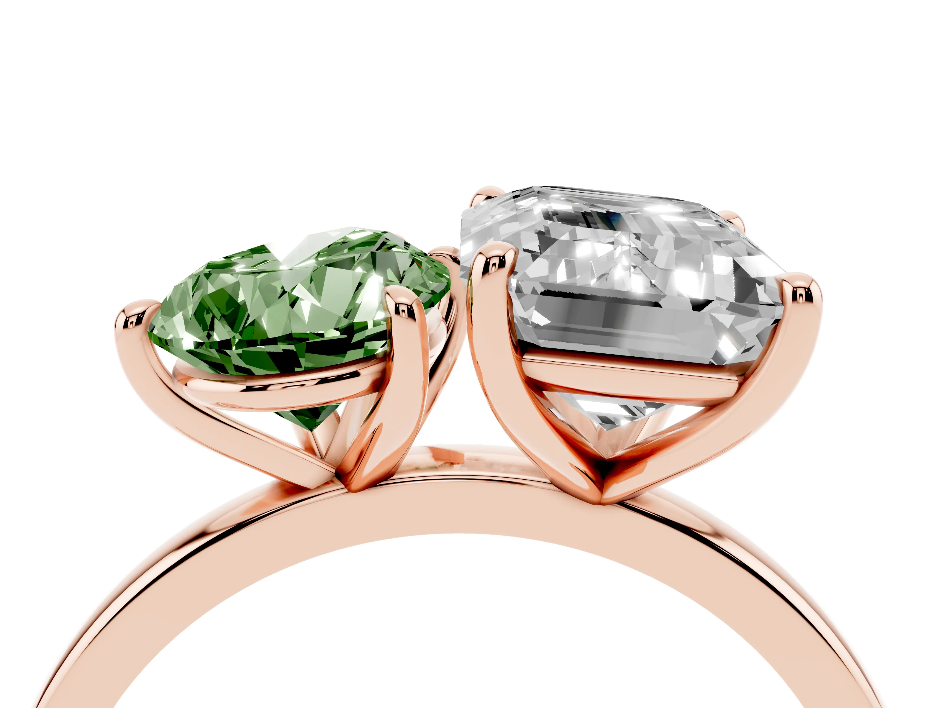 Fancy Green Pear Cut and Emerald Cut Toi Moi Ring Set in Rose gold with Prong Setting
