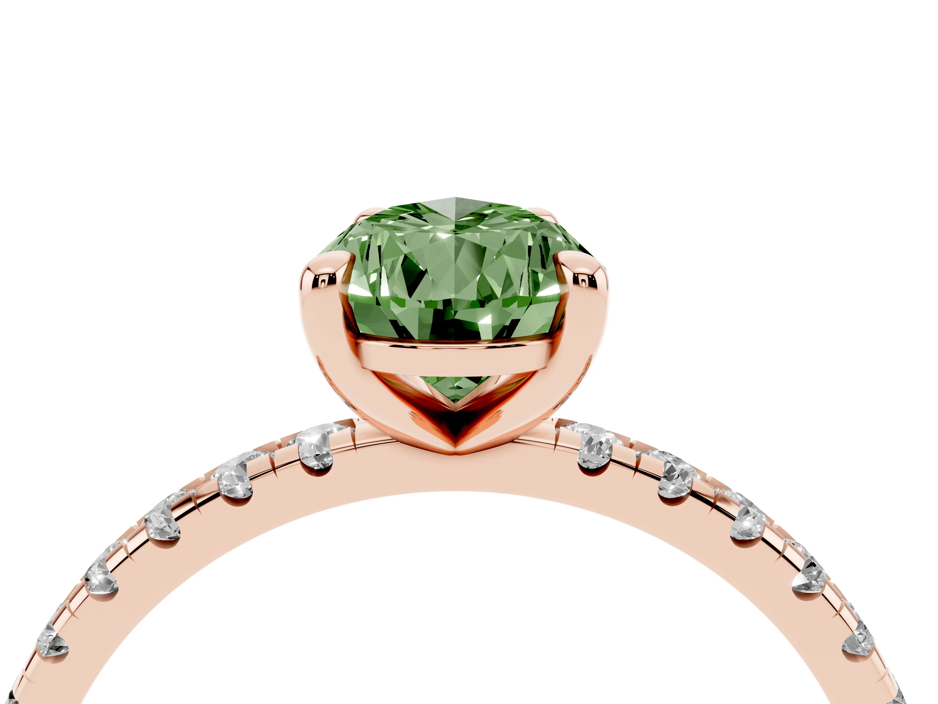 Fancy Green Pear Cut Diamond Brilliant Solitaire Ring Set in Rose gold with Pavé Band and Prong Setting