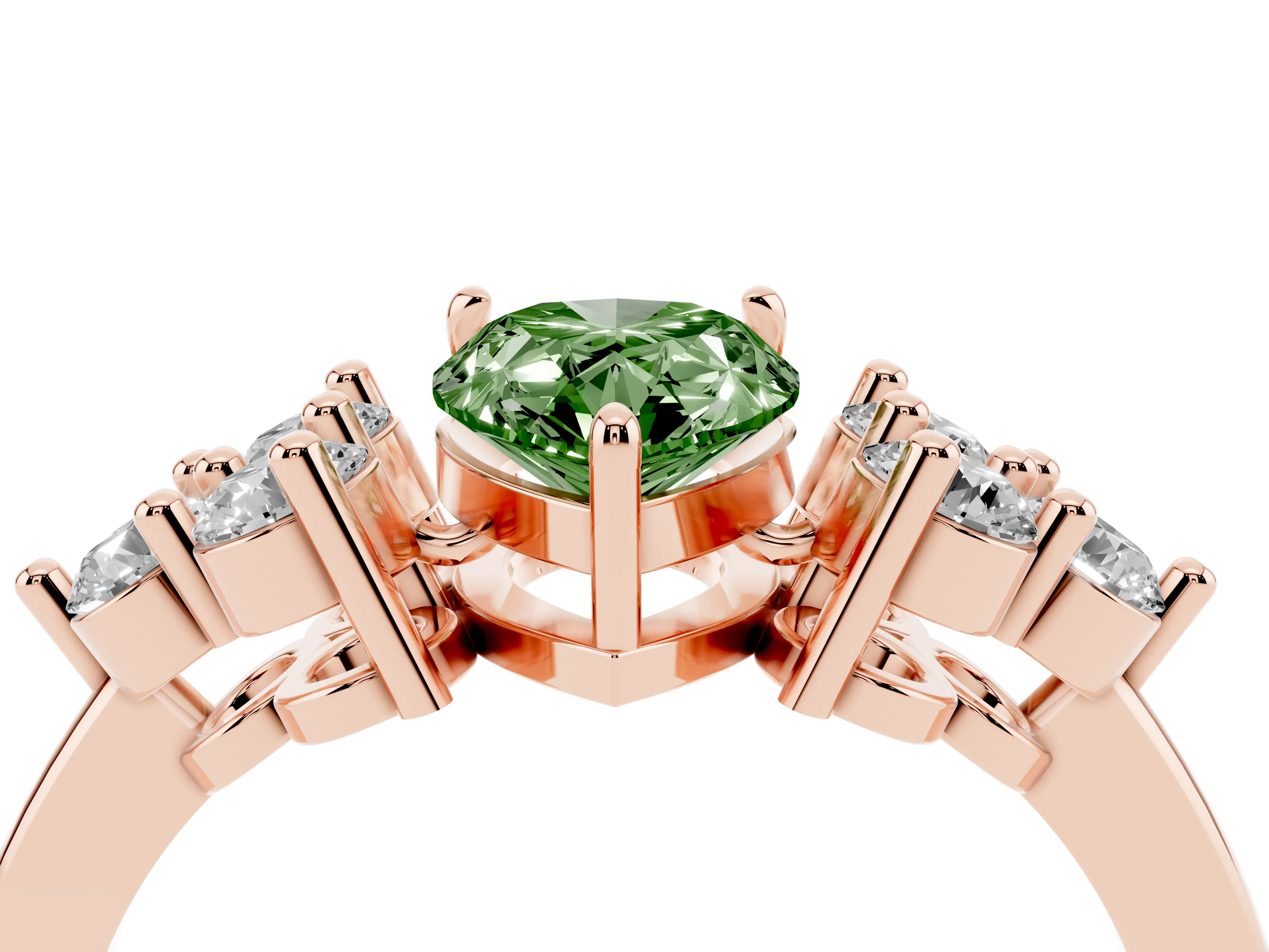 Fancy Green Pear Cut Diamond Solitaire Ring Set in Rose gold with Cluster Accents on Each Side