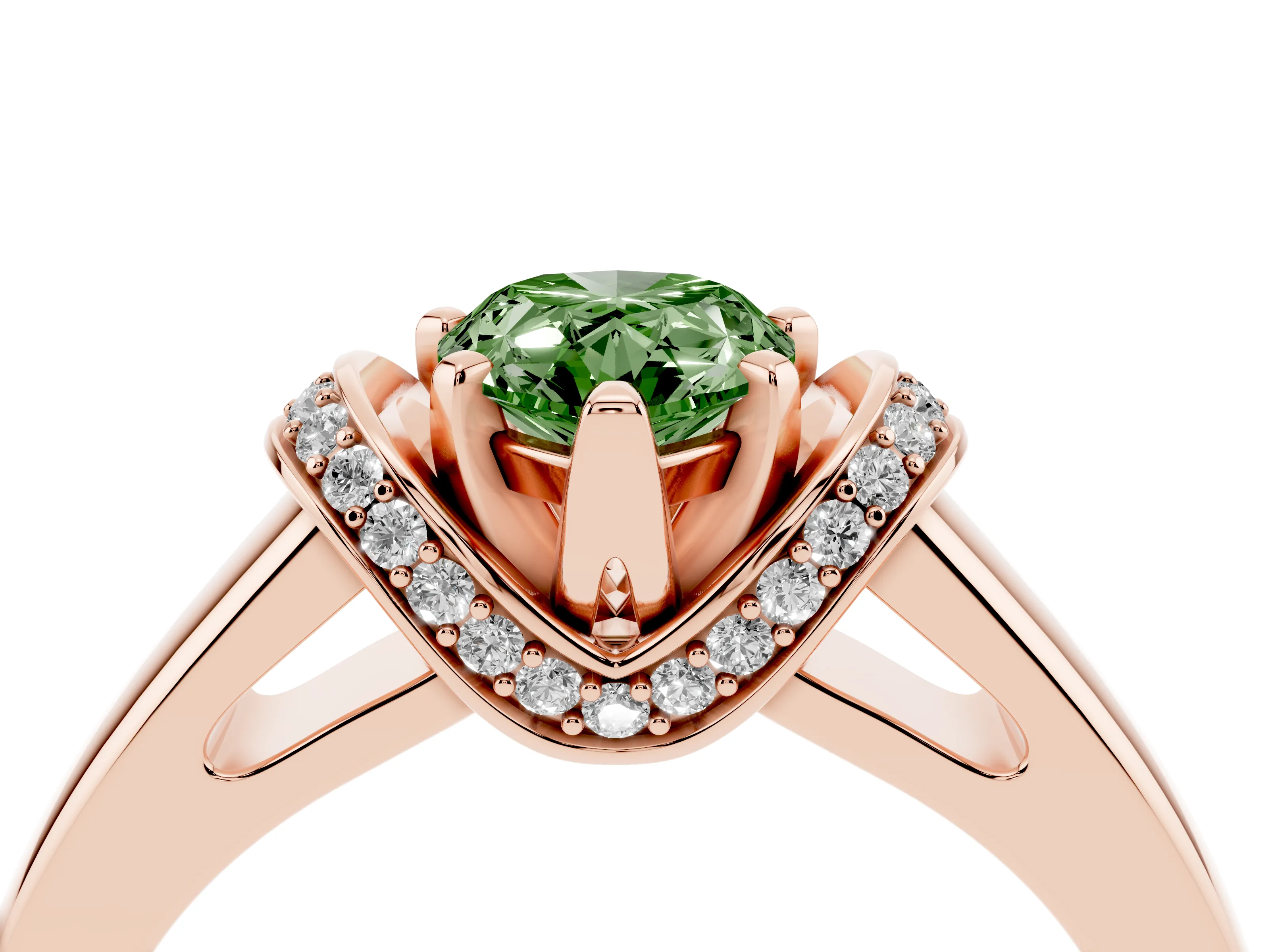 Fancy Green Pear Cut Diamond Pavé Band Solitaire Ring Set in Rose gold with Prong Setting