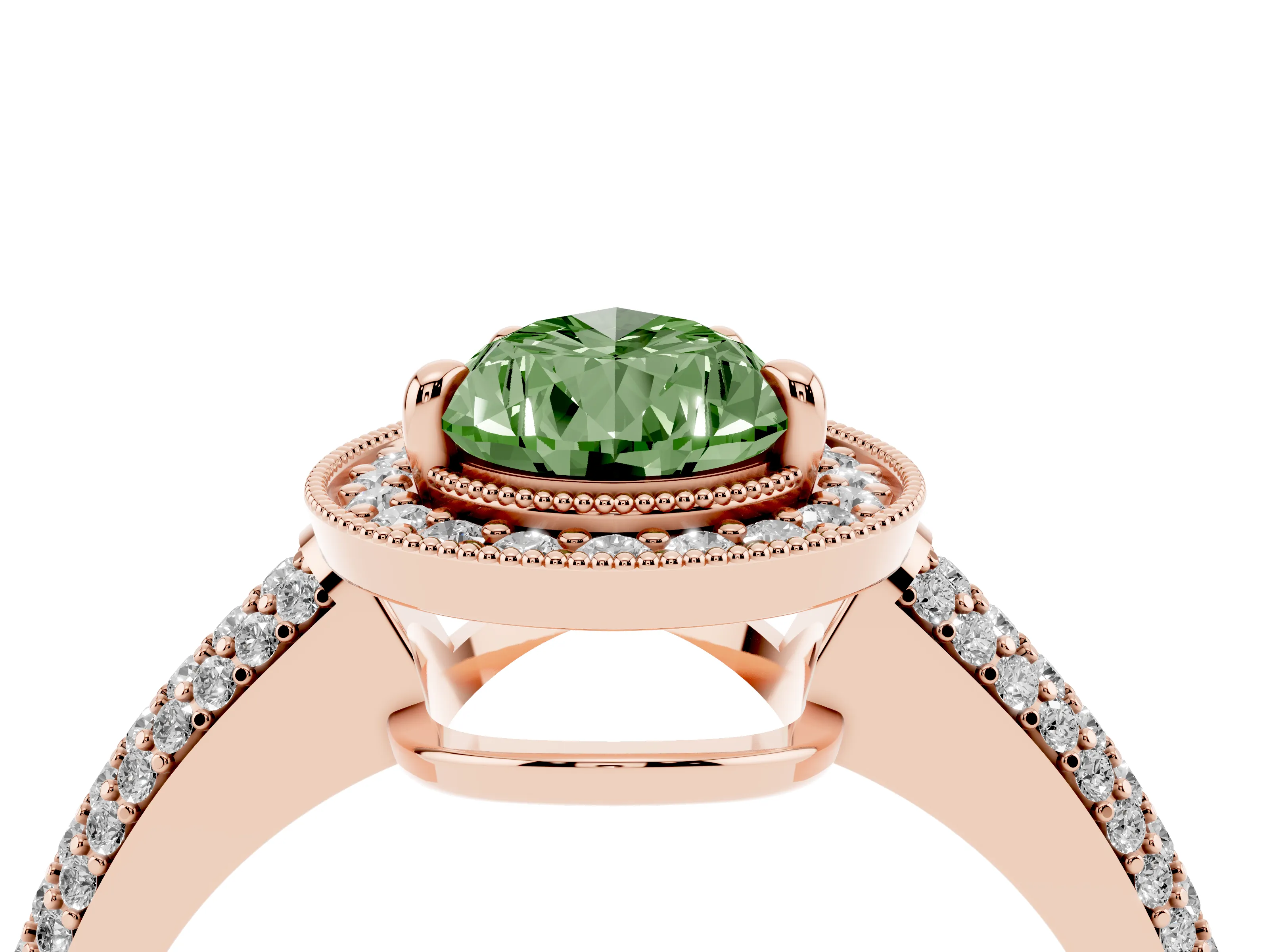 Fancy Green Pear Cut Diamond Halo Pavé Band Set in Rose gold with Prong Setting