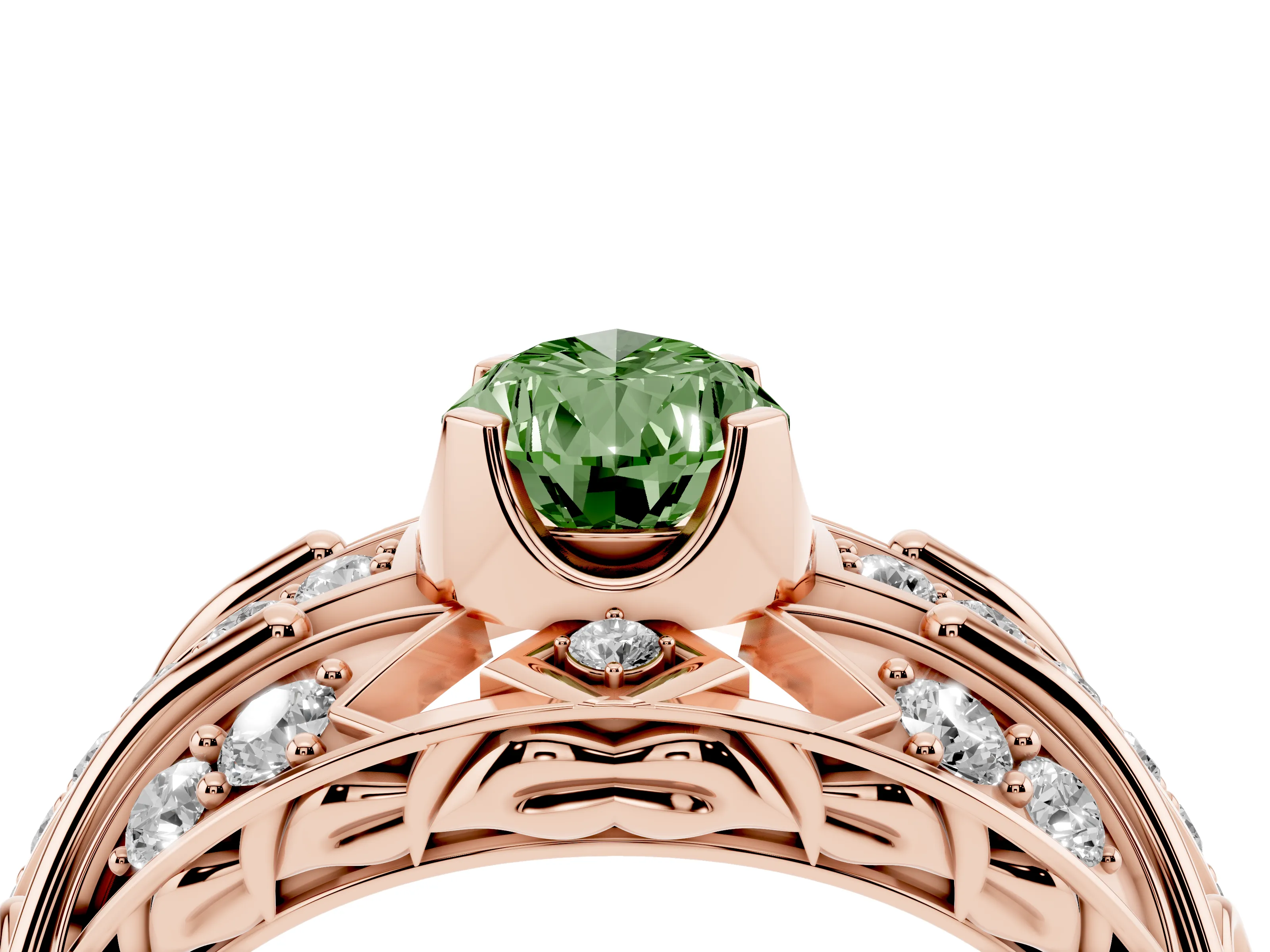 Fancy Green Pear Cut Diamond Art Deco Ring Set in Rose gold with Pavé Split Shank