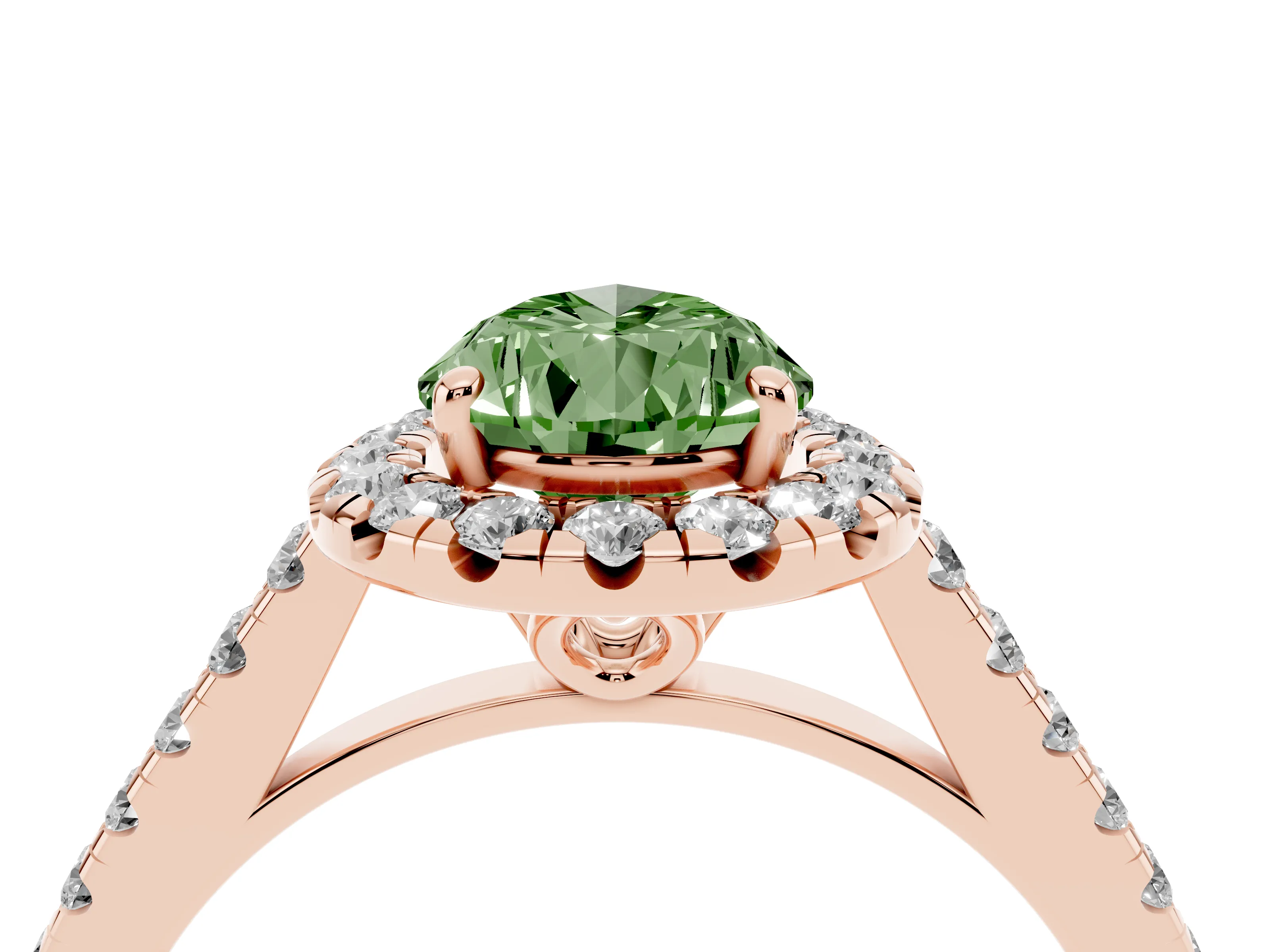 Fancy Green Pear Cut Diamond Pavé Halo Engagement Ring Set in Rose gold with Pavé Band and Prong Setting