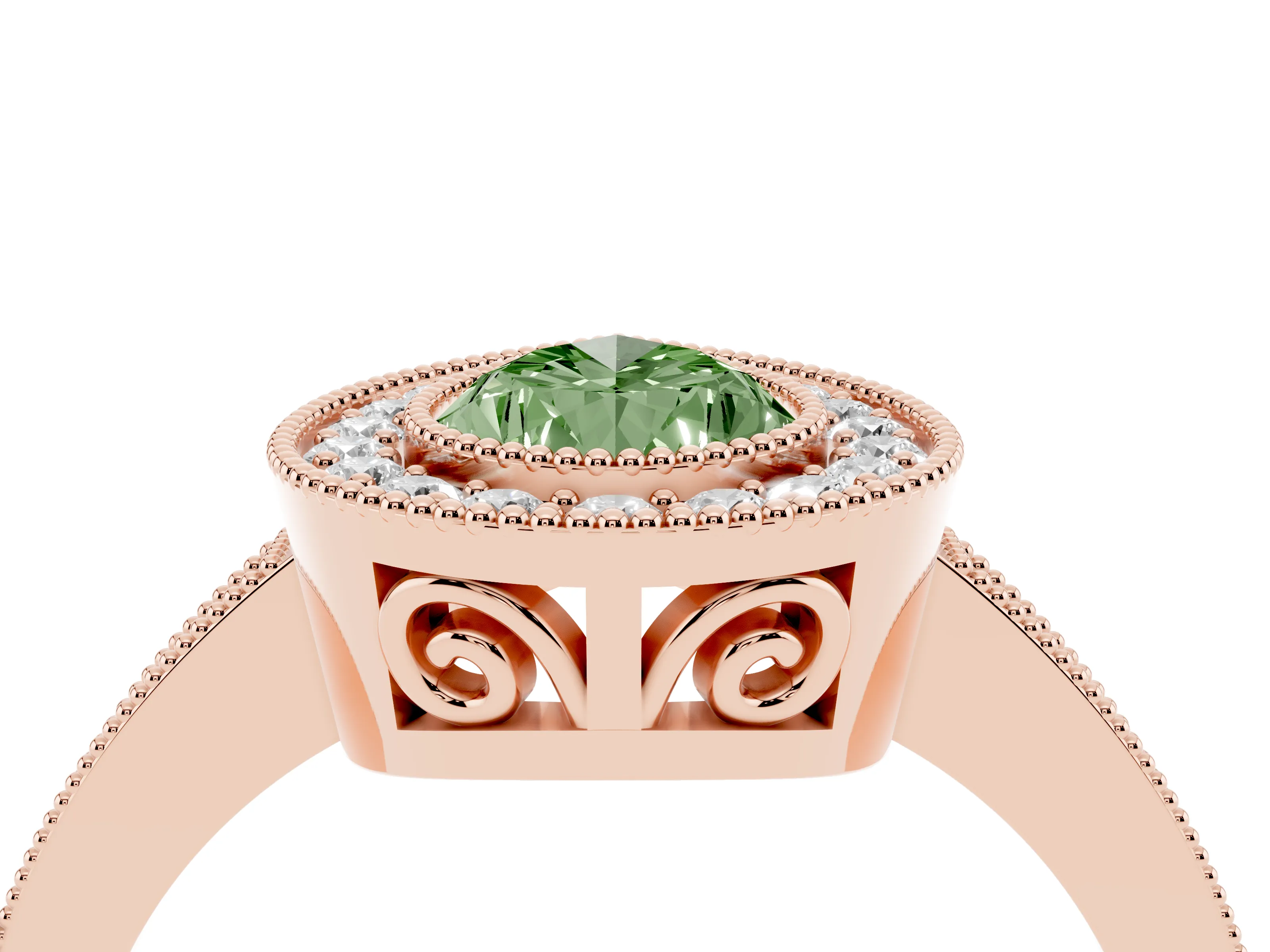 Fancy Green Pear Cut Diamond Round Halo Ring Set in Rose gold with Pavé Band