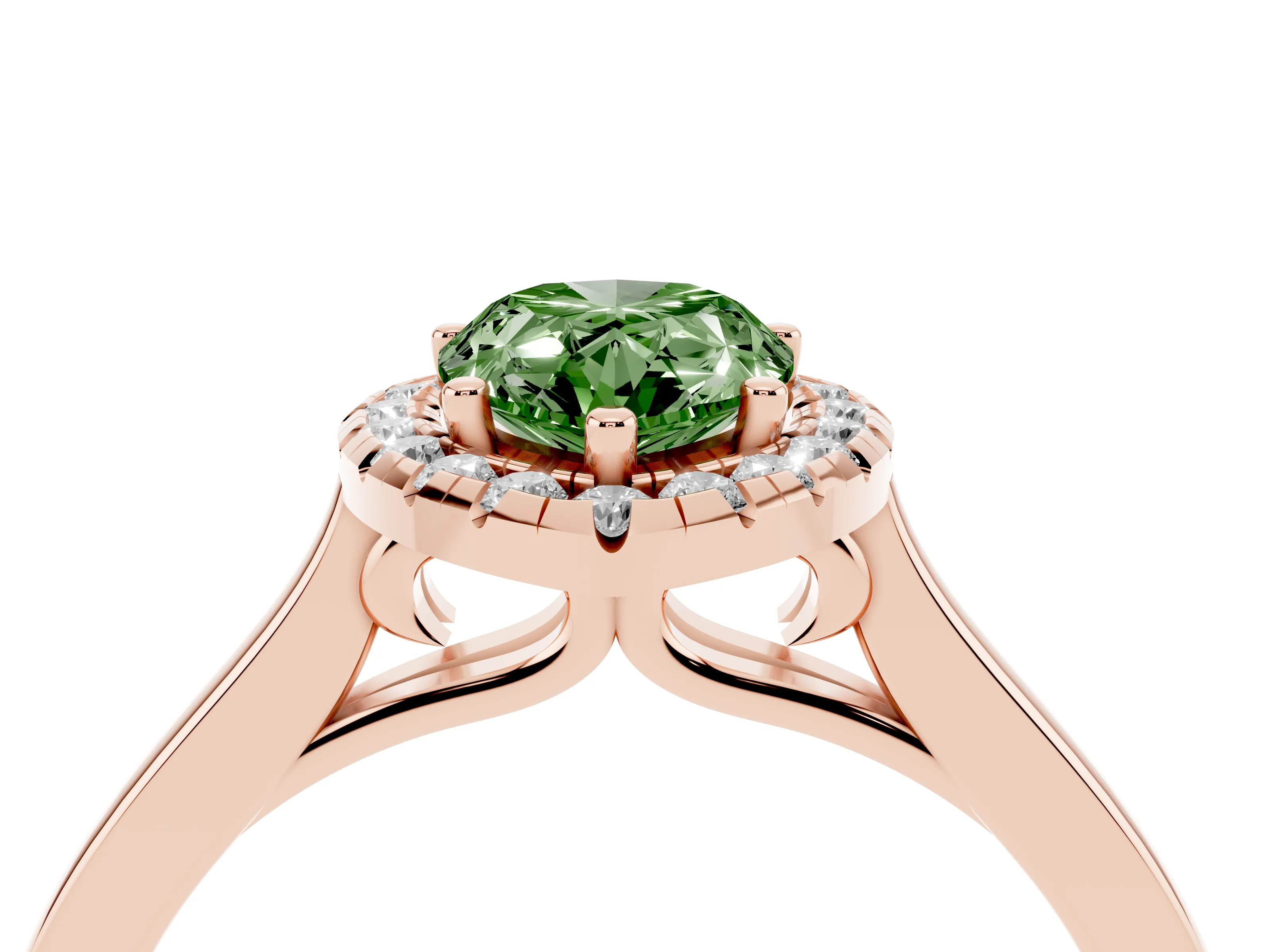 Fancy Green Pear Cut Halo Round Diamond Solitaire Ring Set in Rose gold with Pavé Band and Prong Setting