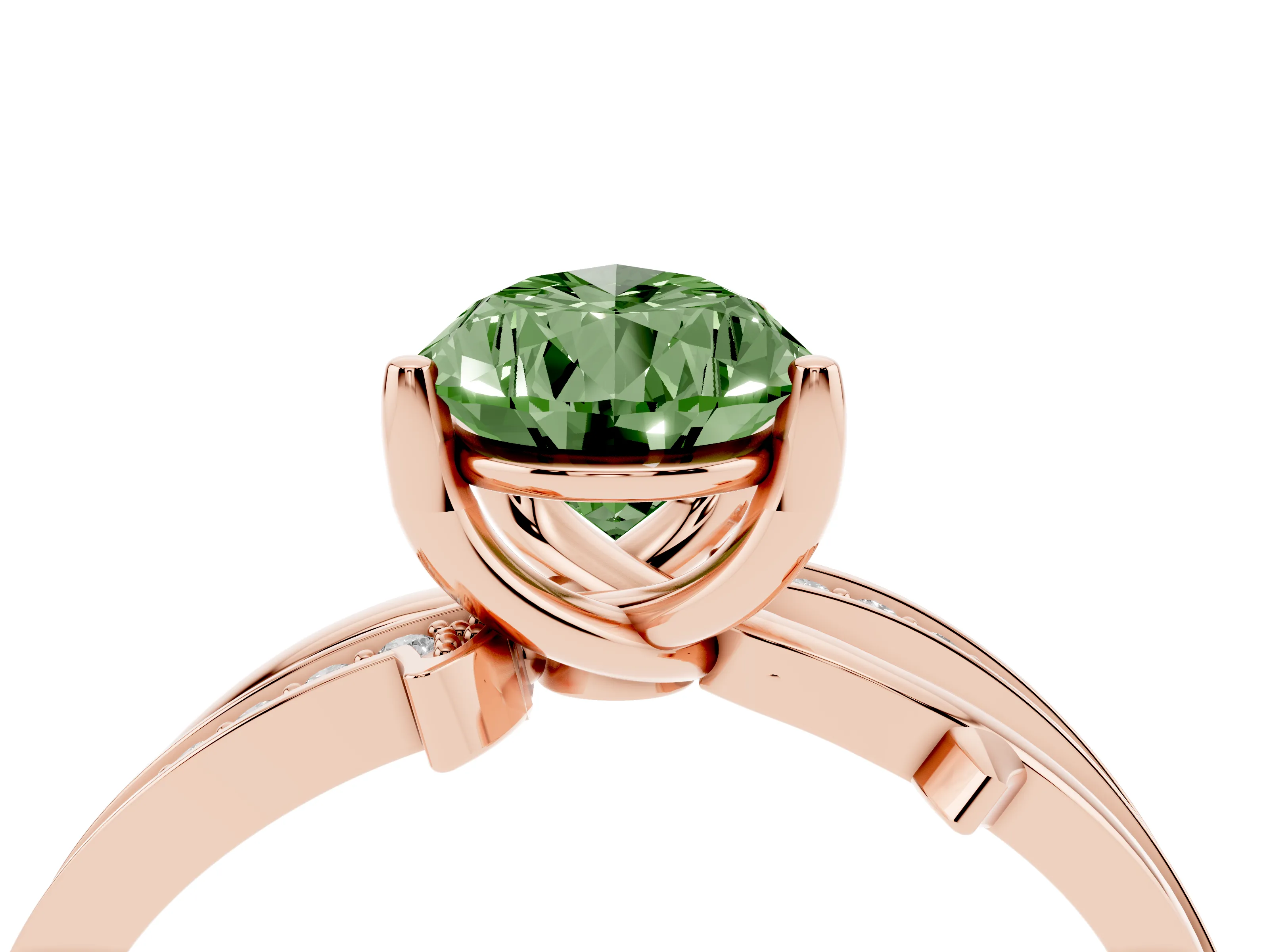 Fancy Green Pear Cut Diamond Pavé Twist Band Solitaire Ring Set in Rose gold with Prong Setting