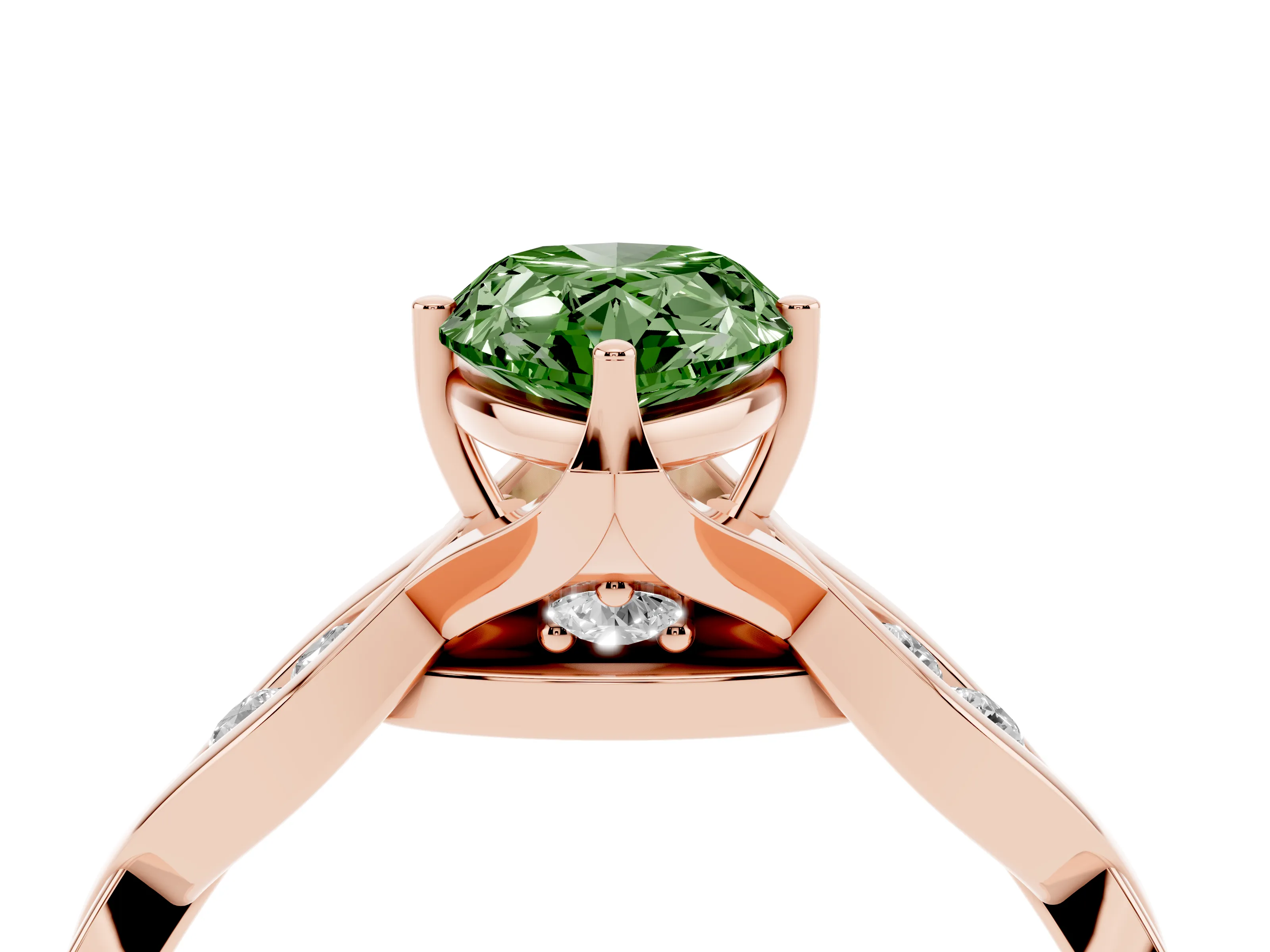 Fancy Green Pear Cut Diamond Twist Band Solitaire Ring Set in Rose gold with Leaf Prong Setting and Accent Stones