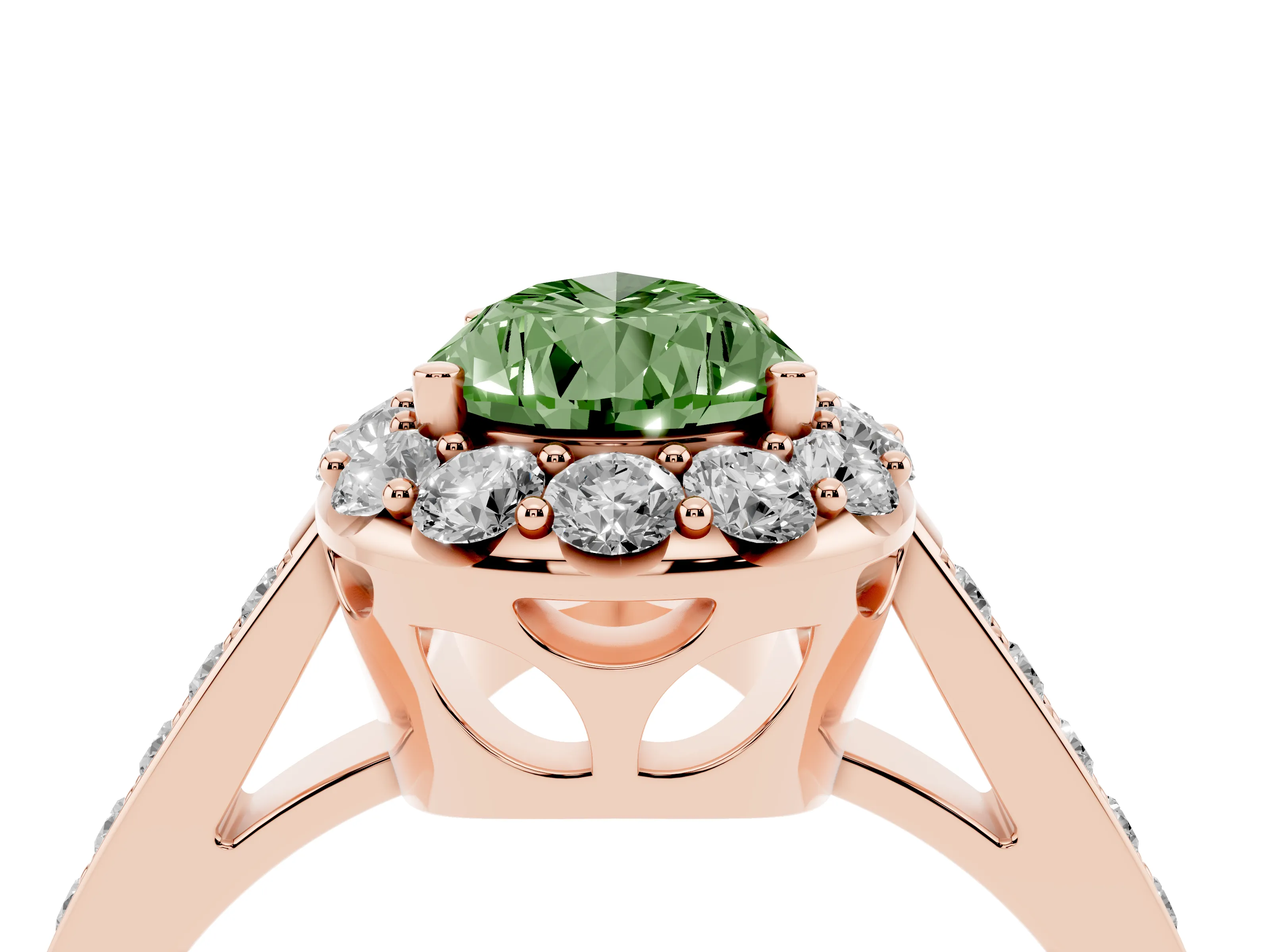 Fancy Green Pear Cut Diamond Floral Halo Ring Set in Rose gold with Pavé Band and Prong Setting