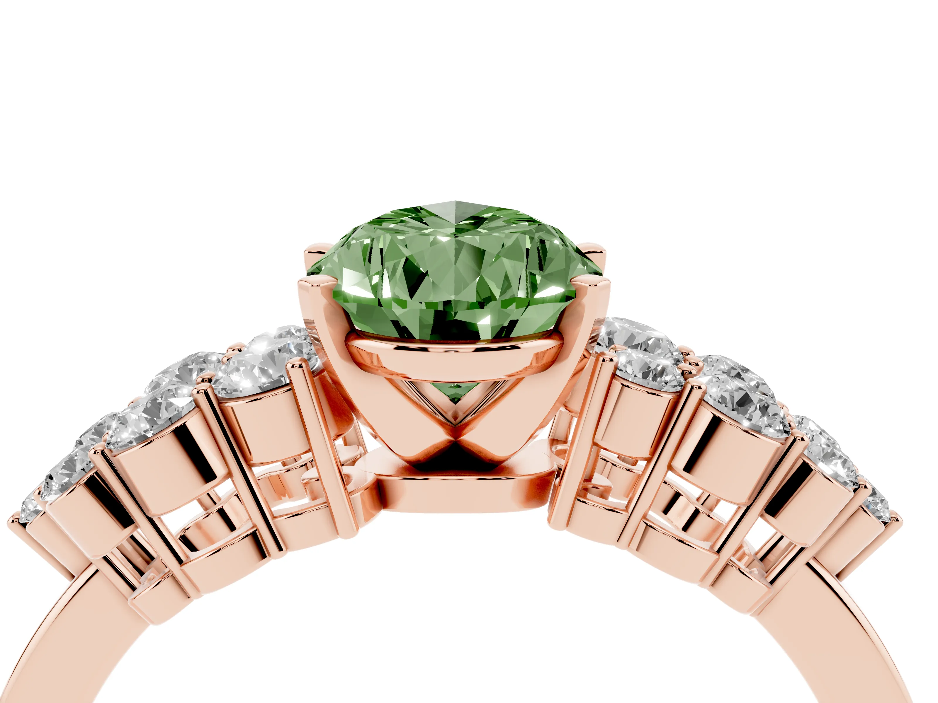 Fancy Green Pear Cut Diamond Cluster Engagement Ring Set in Rose gold with Pavé Band and Prong Setting