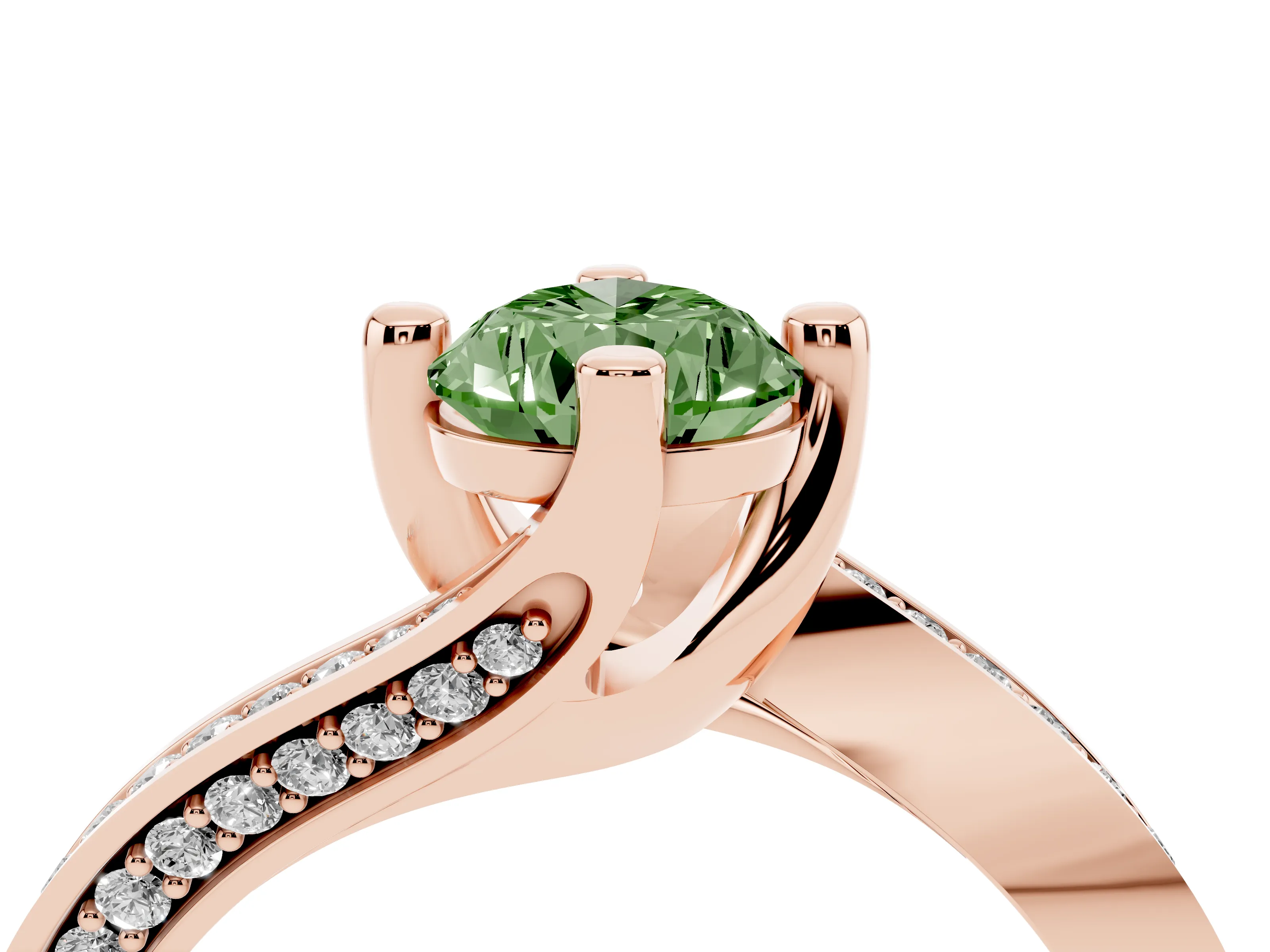 Fancy Green Pear Cut Diamond Solitaire Ring Set in Rose gold with Intertwined Pavé Twist Band