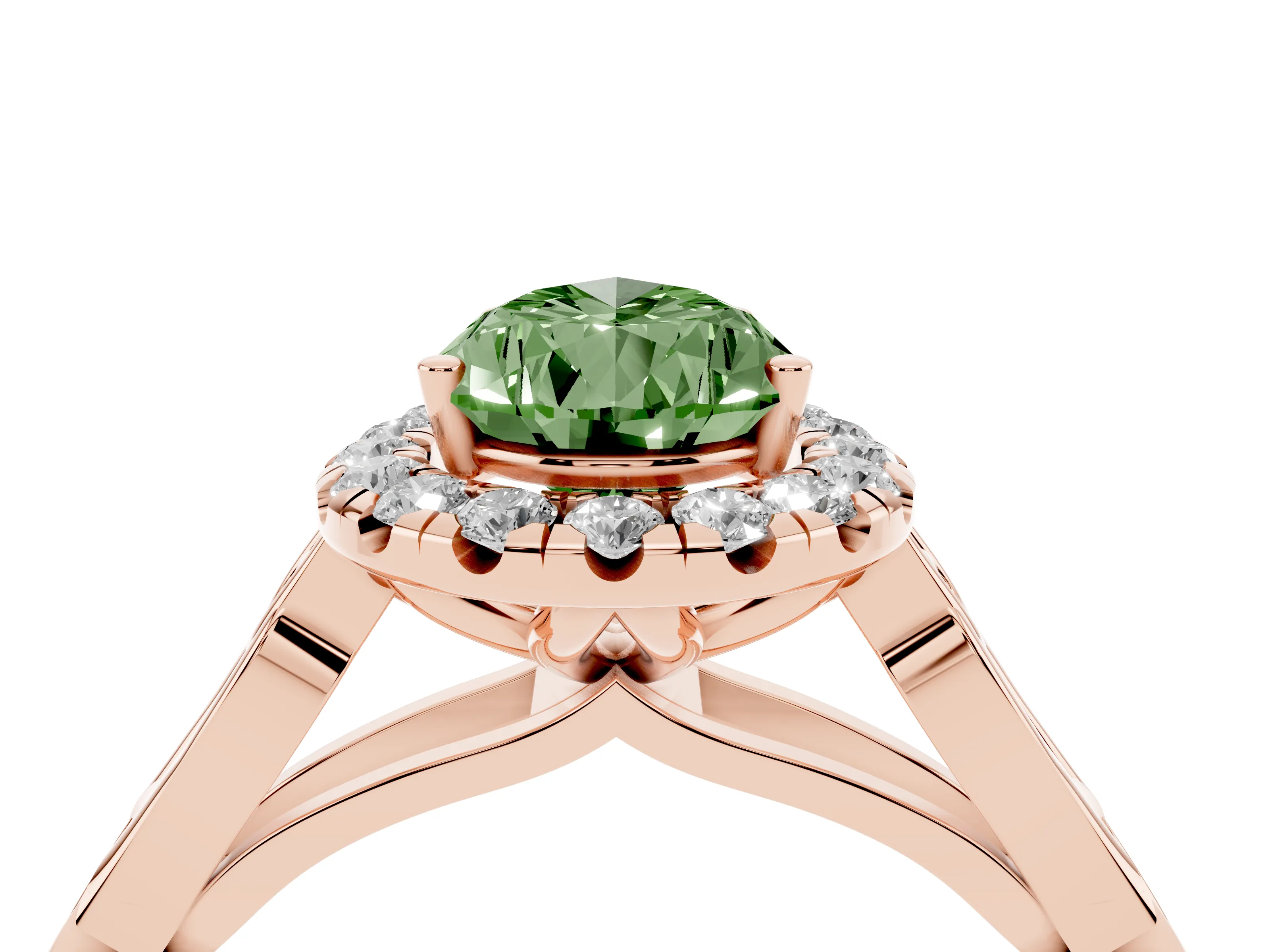 Fancy Green Pear Cut Diamond Halo Engagement Ring Set in Rose gold with Filigree Band and Prong-Set Center