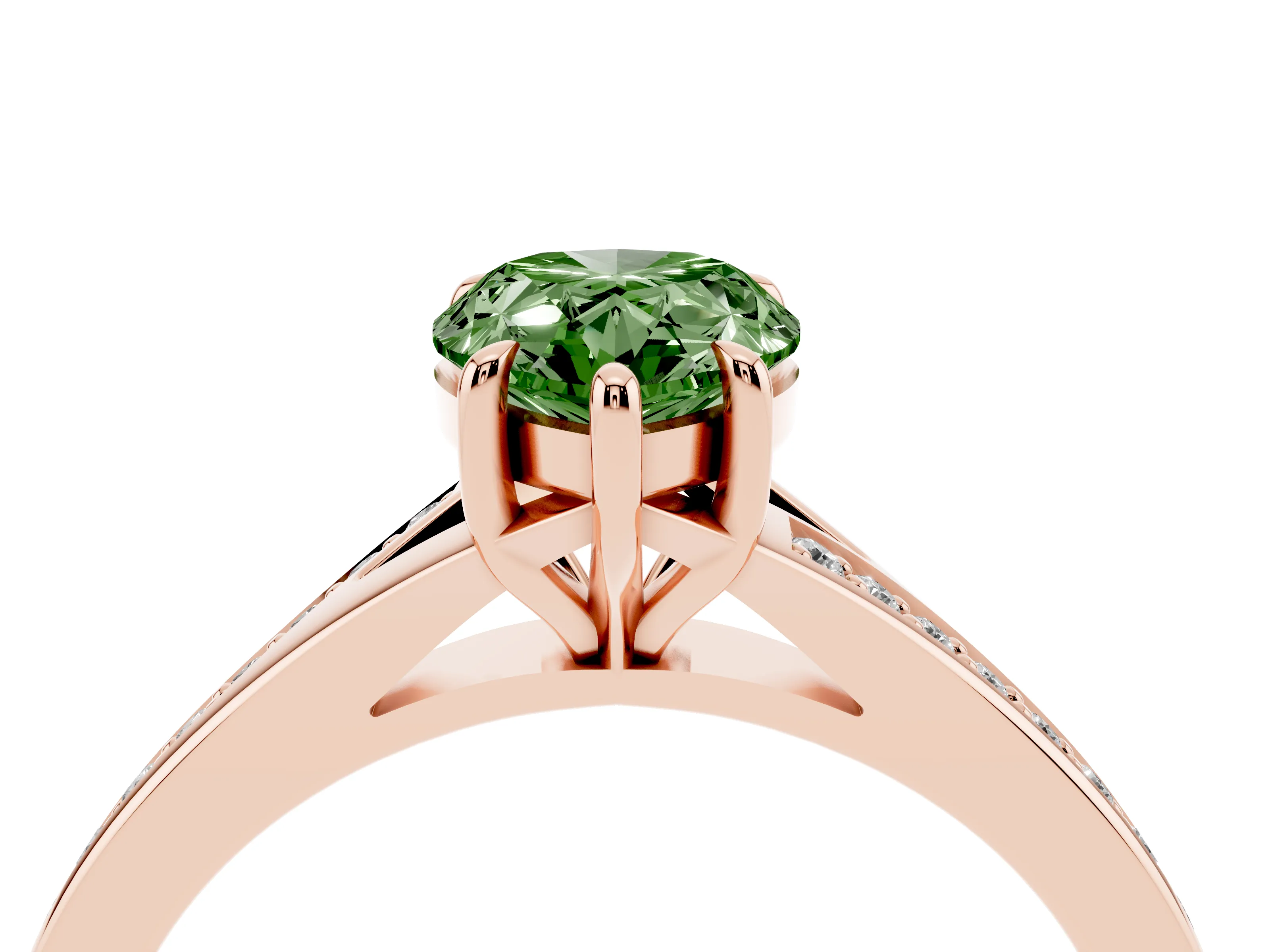 Fancy Green Pear Cut Diamond Solitaire Ring Set in Rose gold with Pavé Accent Band and Classic Prong Setting