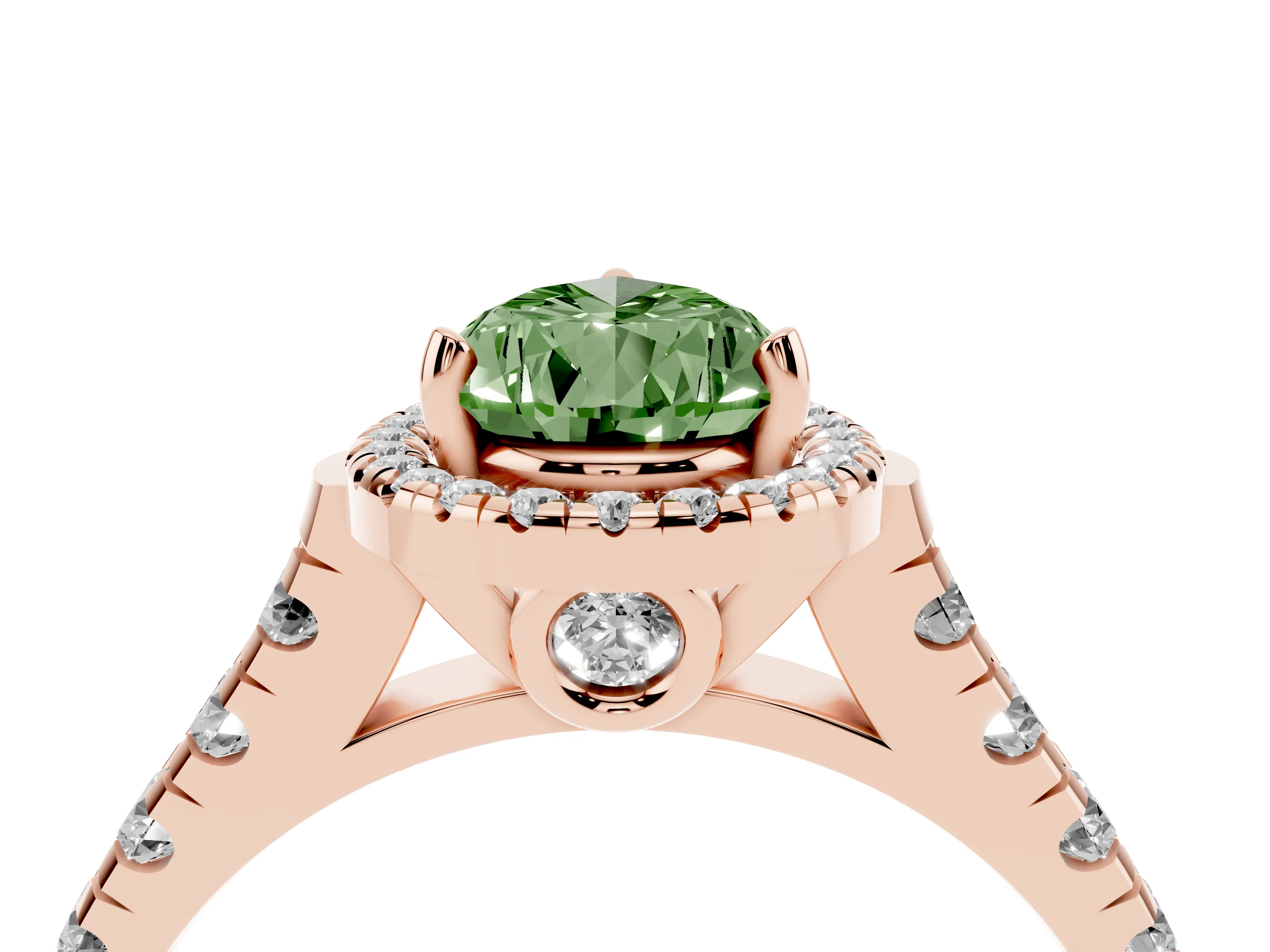 Fancy Green Pear Cut Diamond Halo Engagement Ring Set in Rose gold with Pavé Band and Prong-Set Center