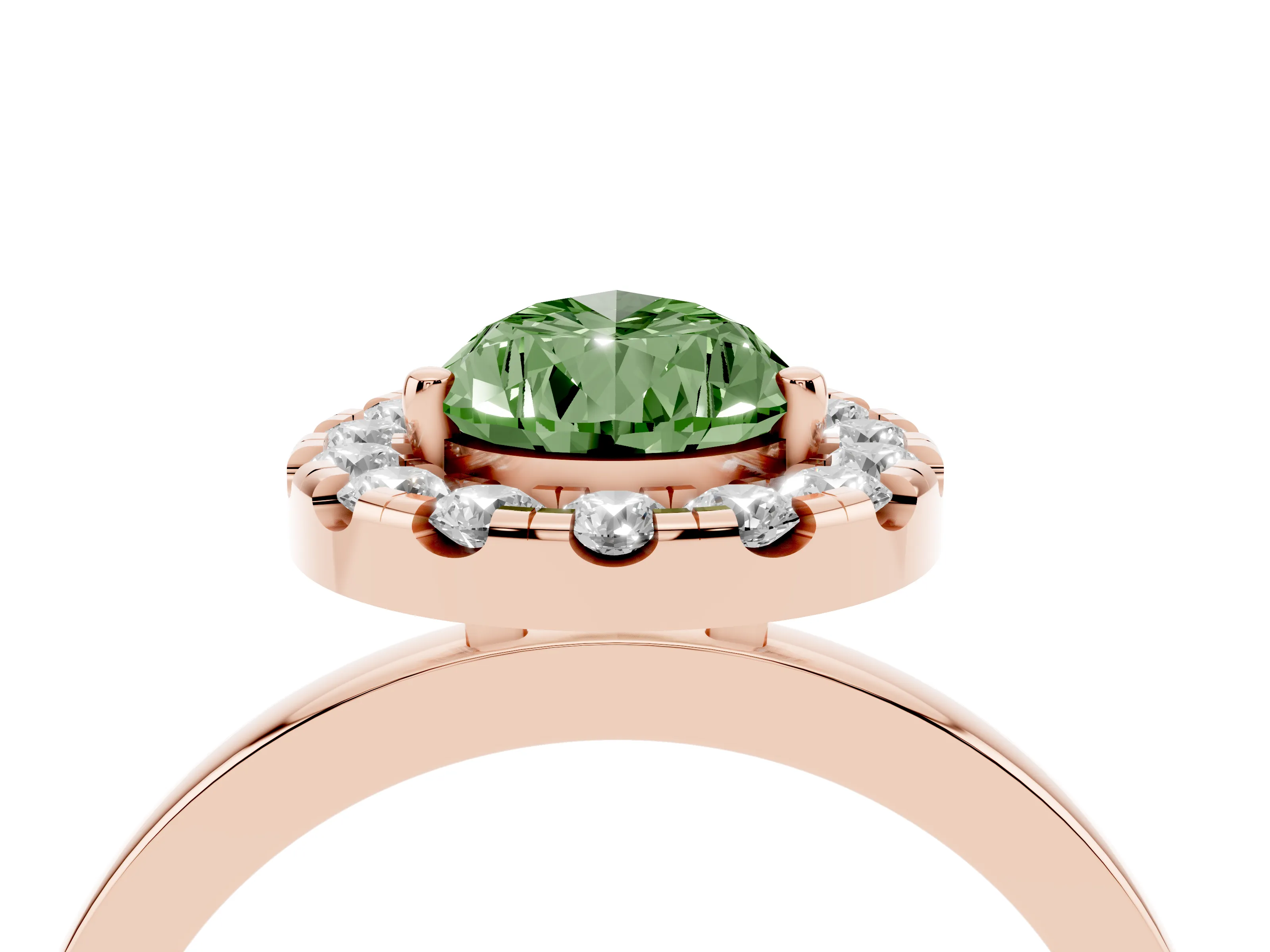 Fancy Green Pear Cut Diamond Halo Solitaire Ring Set in Rose gold with Pavé Band and Prong Setting