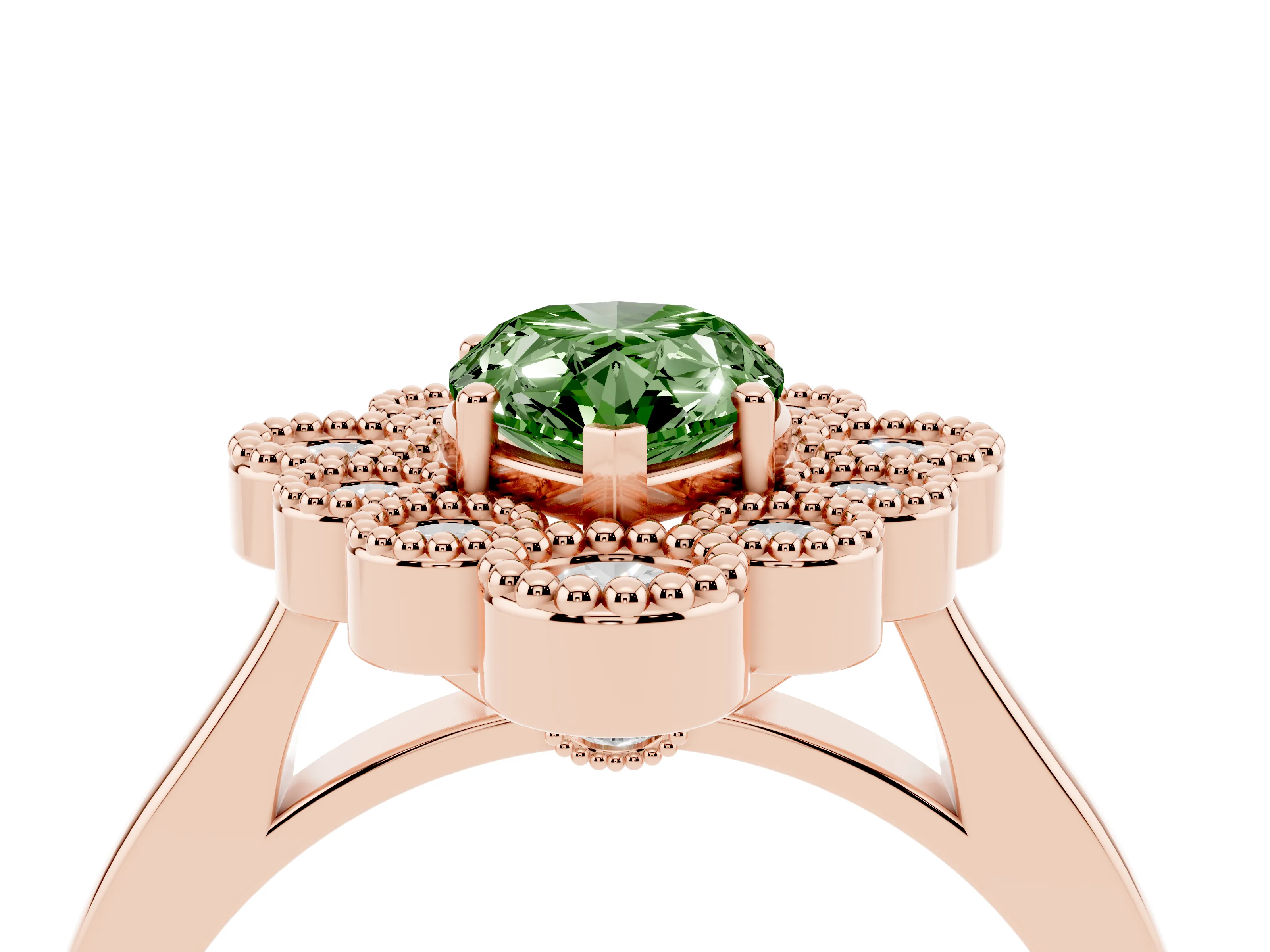 Fancy Green Pear Cut Diamond Cluster Halo Ring Set in Rose gold with Milgrain Bezel Accents and Plain Band