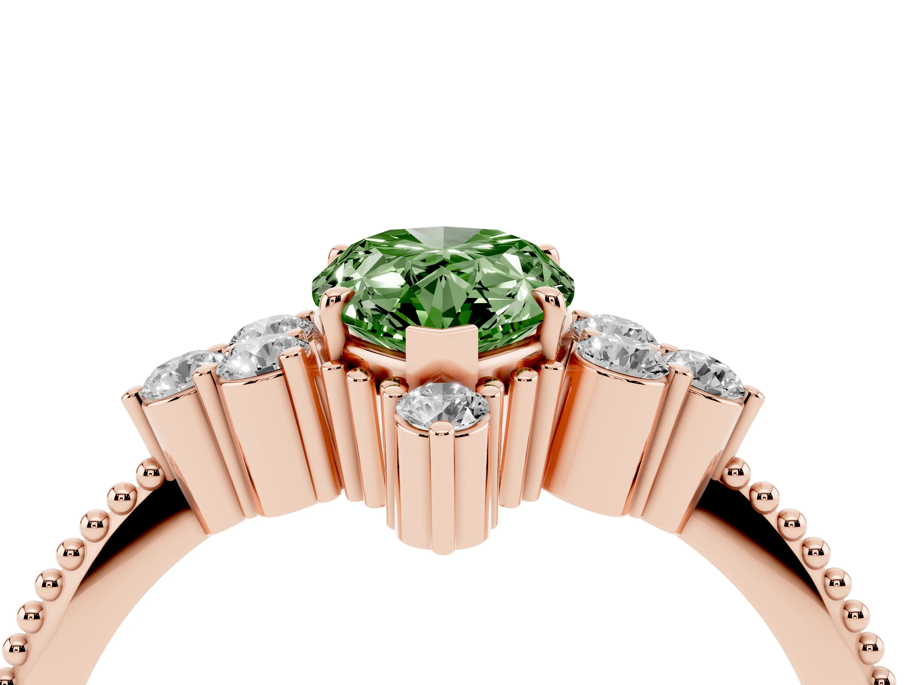 Fancy Green Pear Cut Diamond Cluster Ring Set in Rose gold with Beaded Band