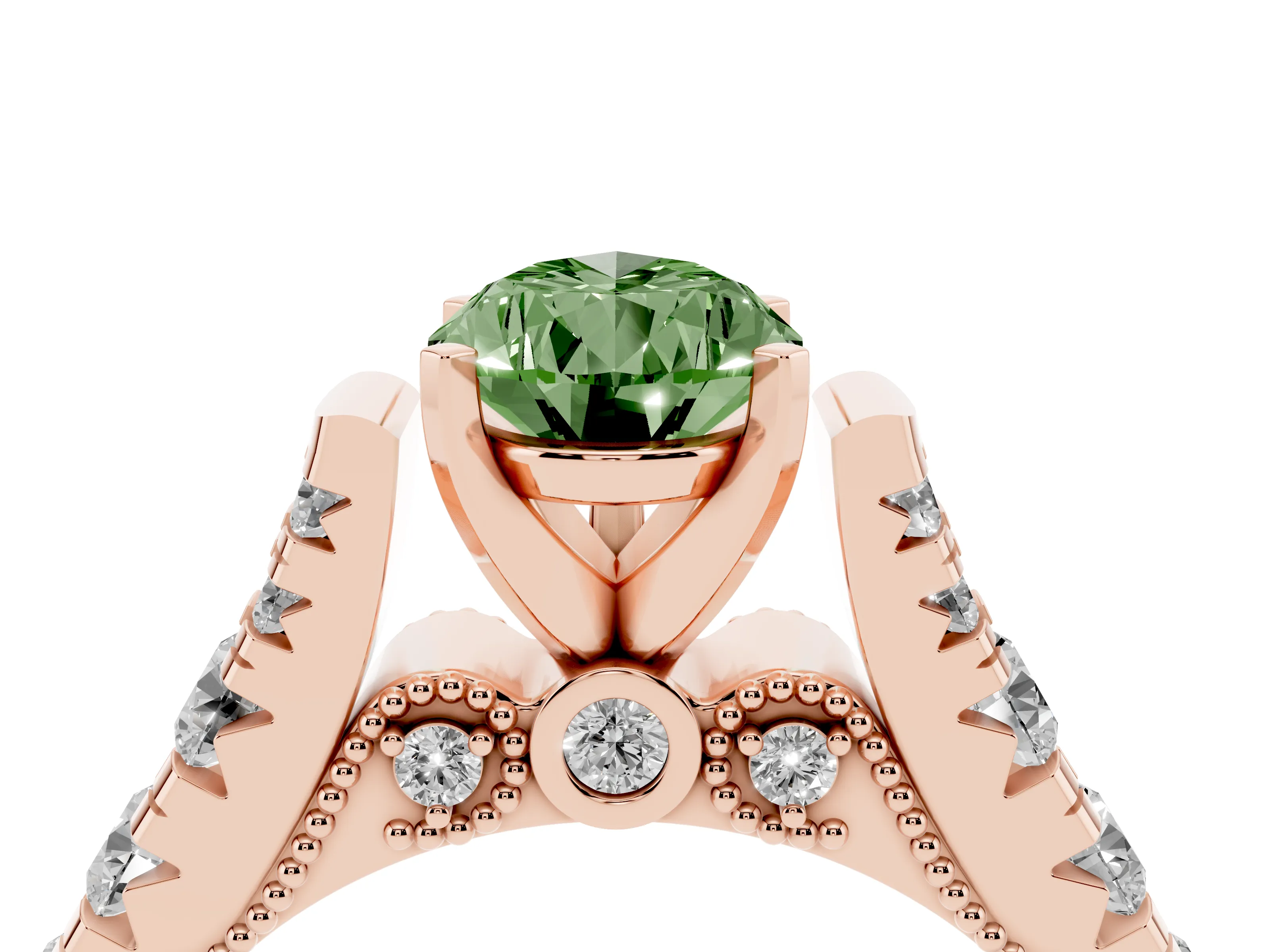 Fancy Green Pear Cut Diamond Classic Solitaire Ring Set in Rose gold with Pavé Band and Prong Setting