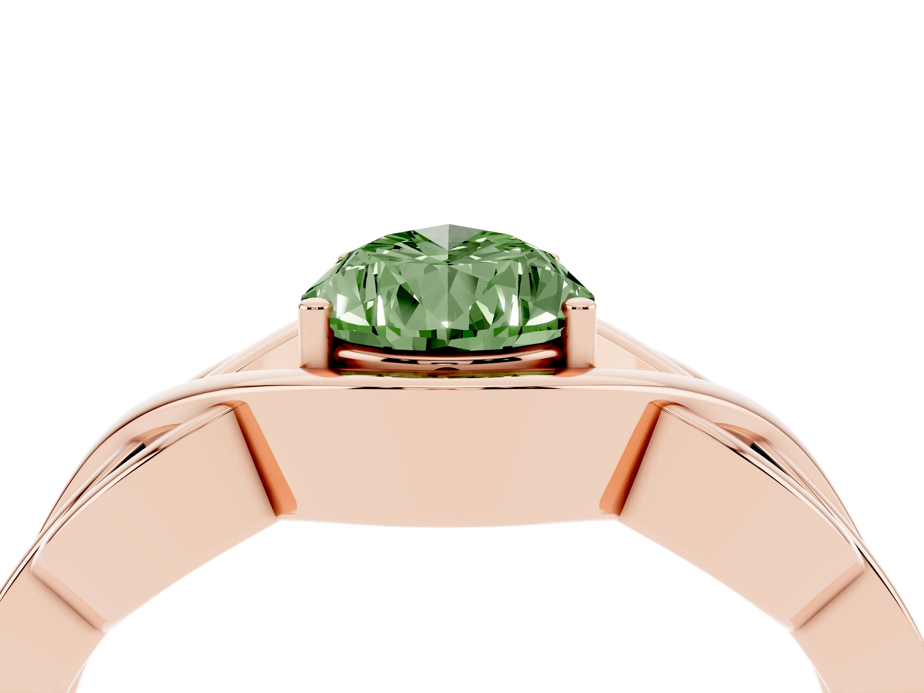 Fancy Green Pear Cut Diamond Solitaire Ring Set in Rose gold with Intertwined Band