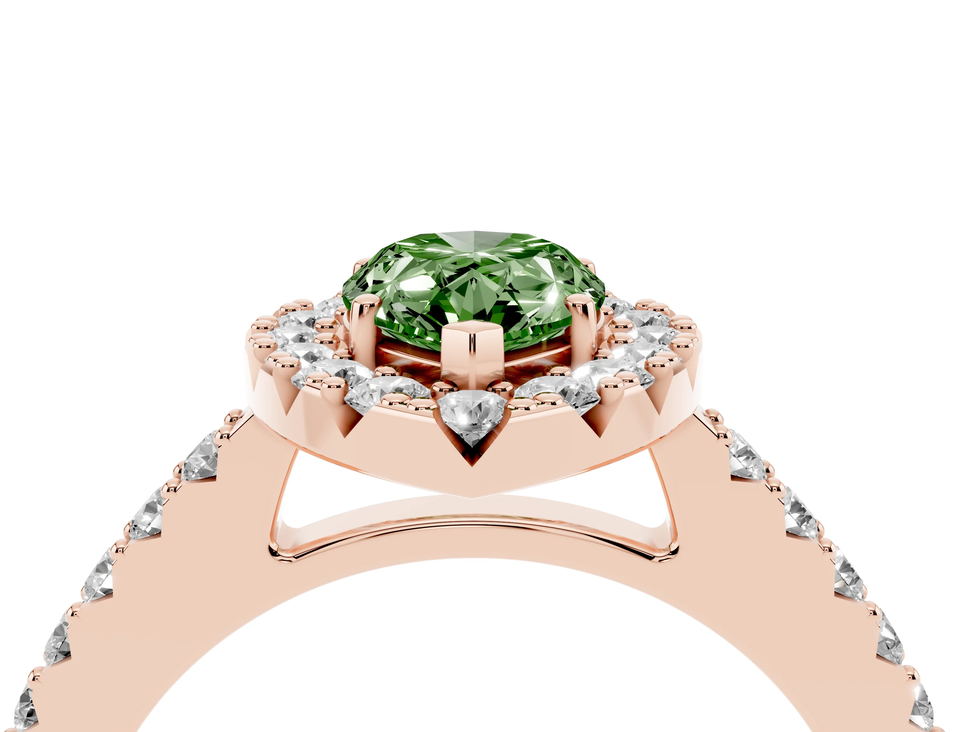Fancy Green Pear Cut Diamond Halo Pavé Solitaire Ring Set in Rose gold with Prong-Set Center Stone