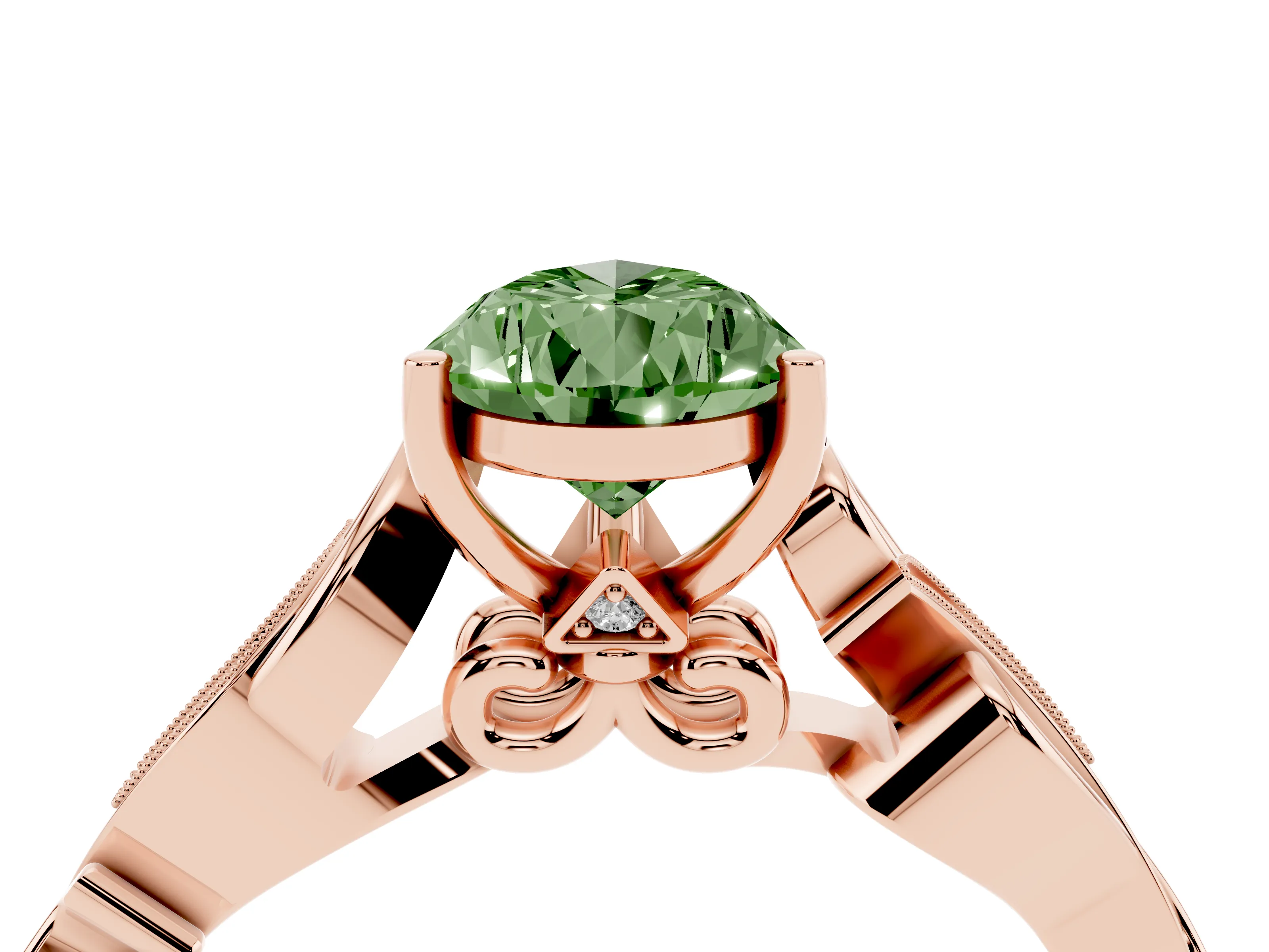 Fancy Green Pear Cut Diamond Vine Band Solitaire Ring Set in Rose gold with Milgrain Prong Setting