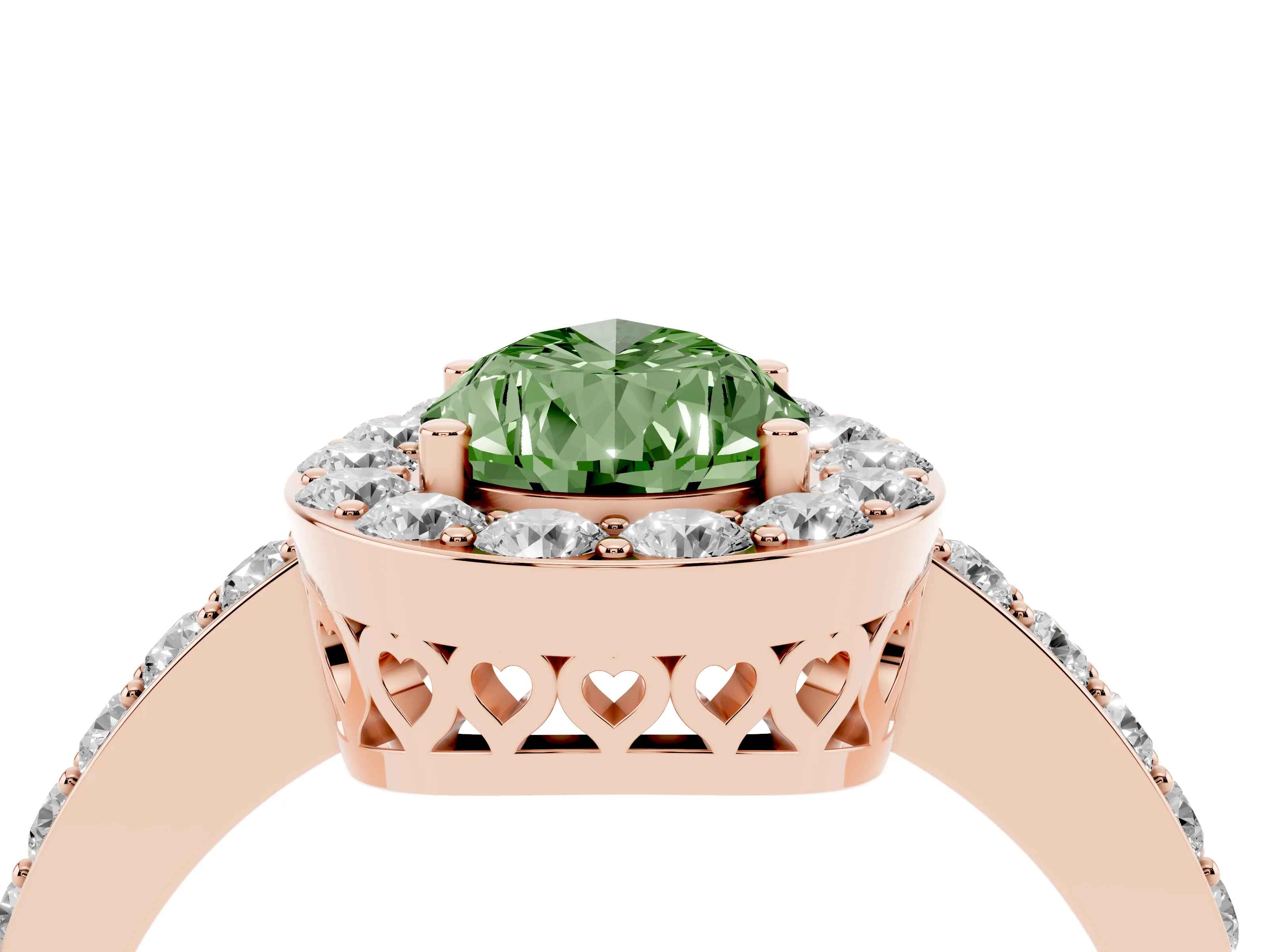 Fancy Green Pear Cut Diamond Halo Ring Set in Rose gold with Pavé-Setting Band and Open Prong Center