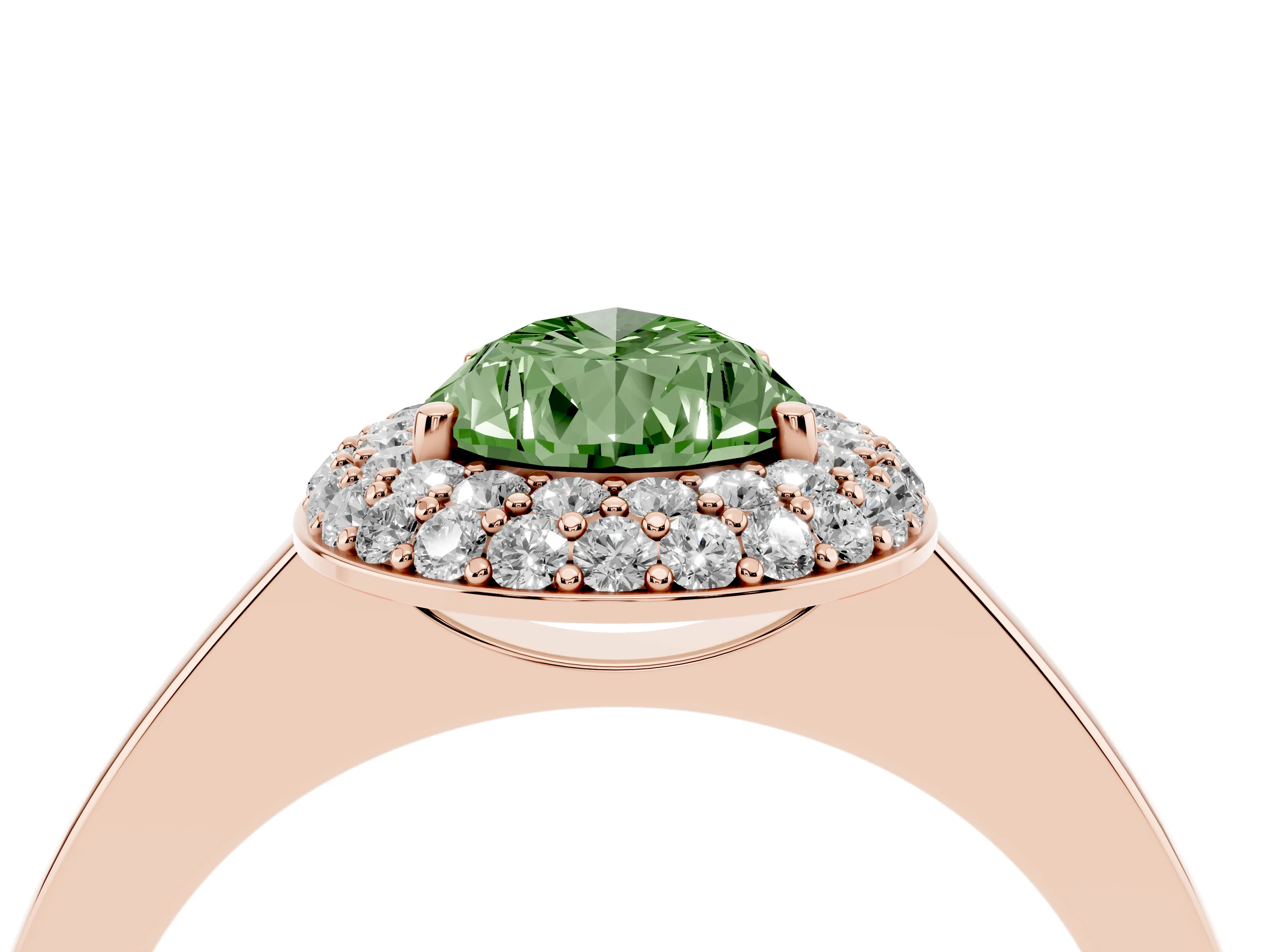 Fancy Green Pear Cut Diamond Halo Engagement Ring Set in Rose gold with Solitaire Band and Prong Setting